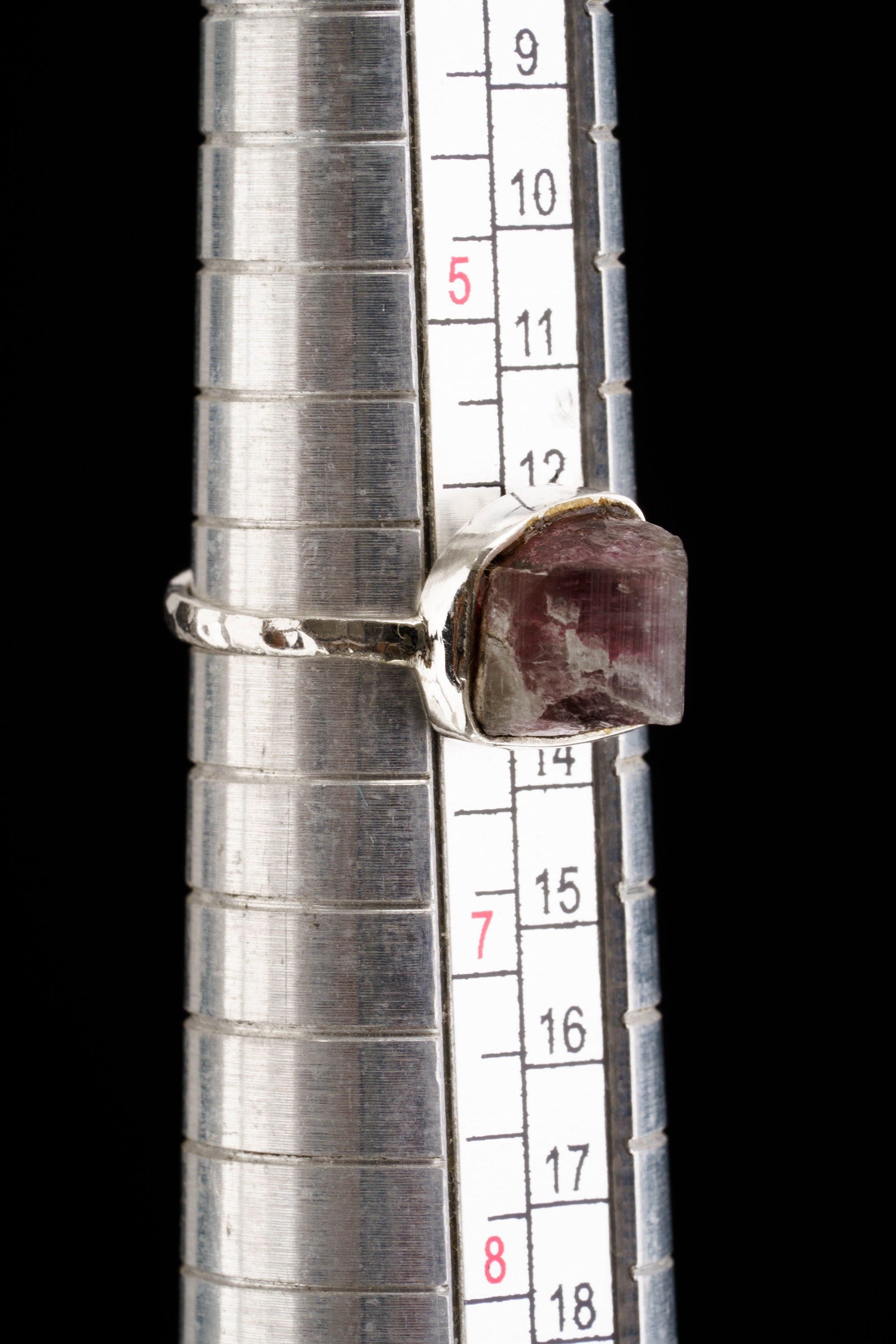 Pink gem Tourmaline Rubellite - Stack Crystal Ring - Size 6 US - 925 Sterling Silver - Thin Band Hammer Textured