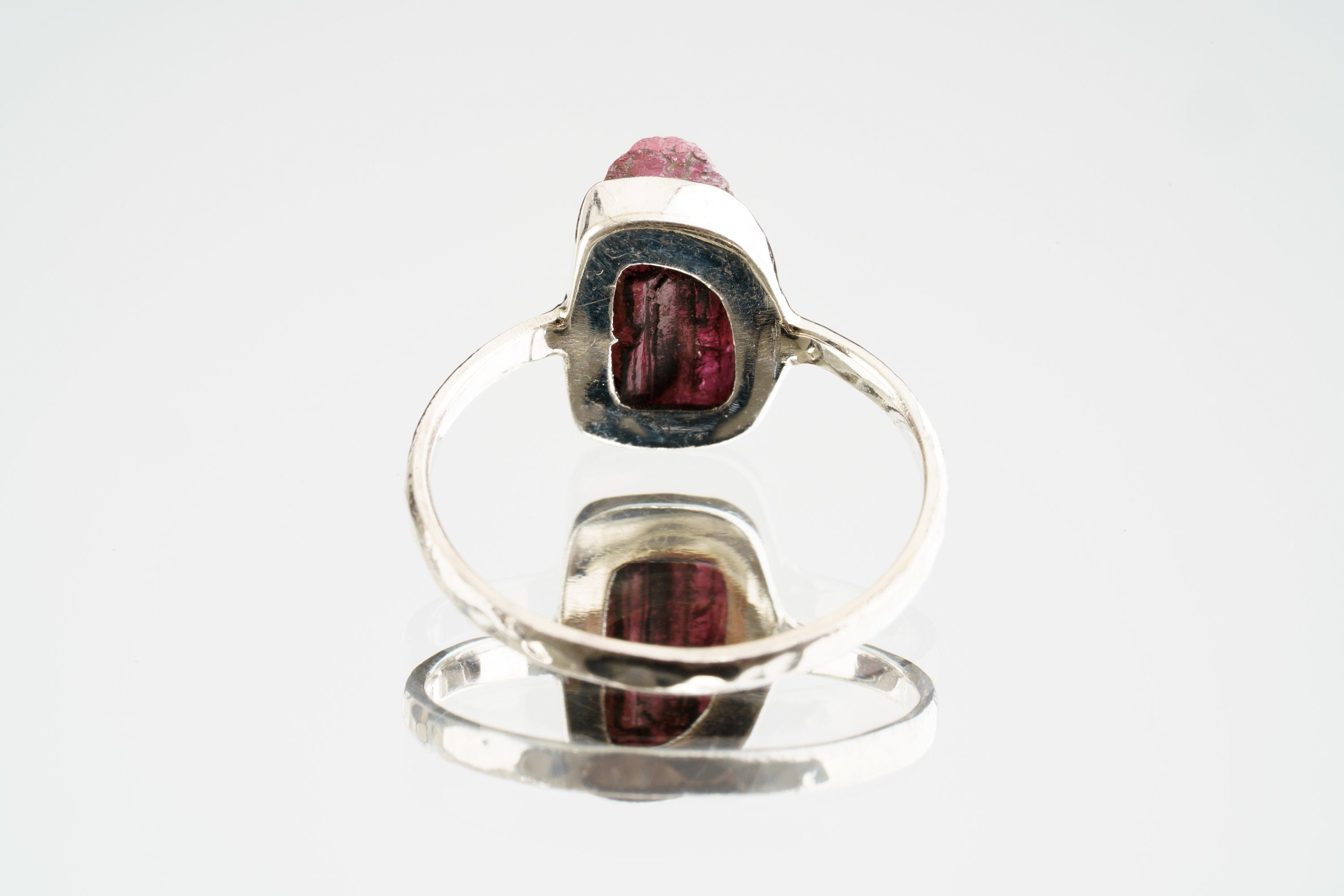 Pink gem Tourmaline Rubellite - Stack Crystal Ring - Size 6 US - 925 Sterling Silver - Thin Band Hammer Textured
