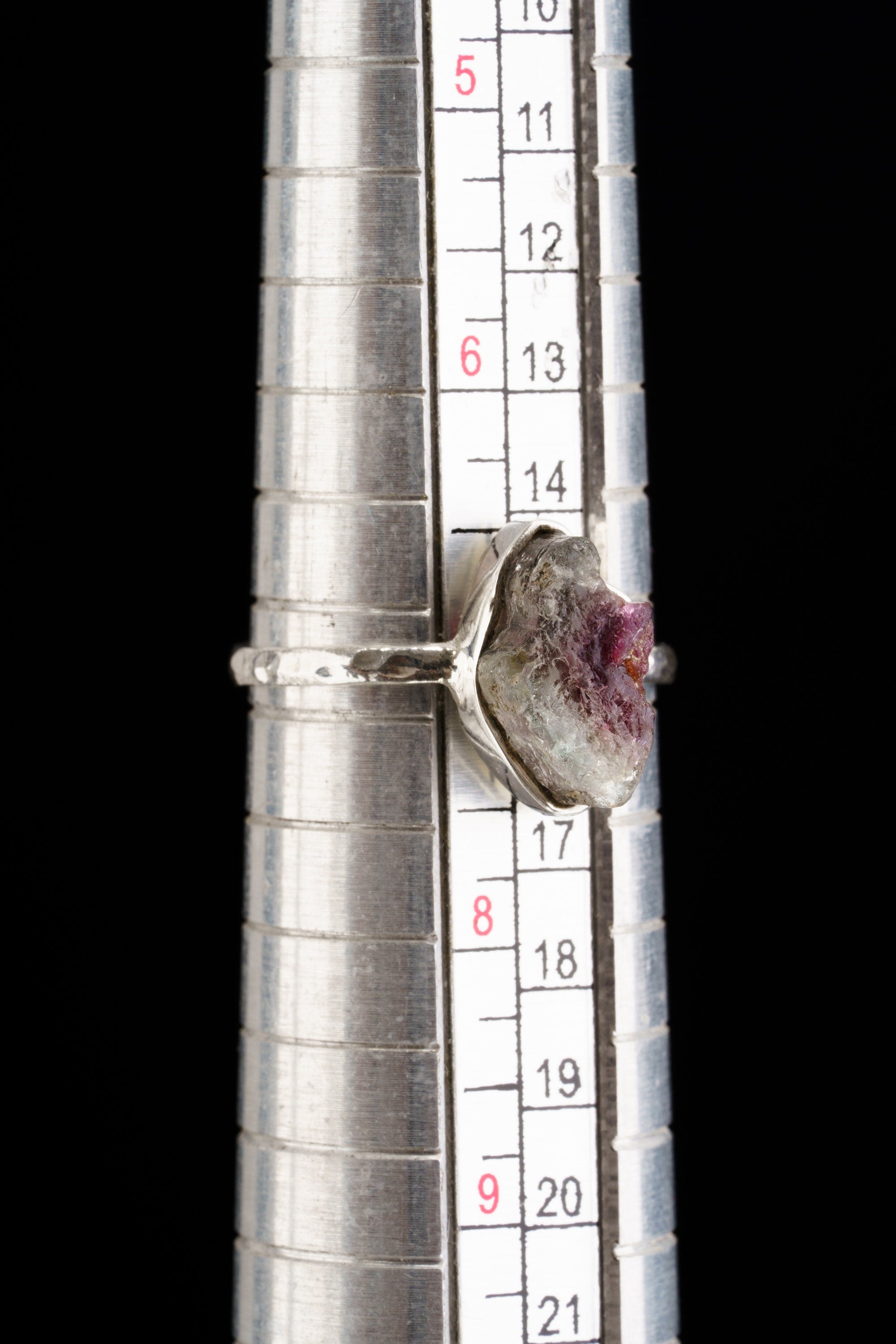 Pink Watermelon Tourmaline - Stack Crystal Ring - Size 7 US - 925 Sterling Silver - Thin Band Hammer Textured