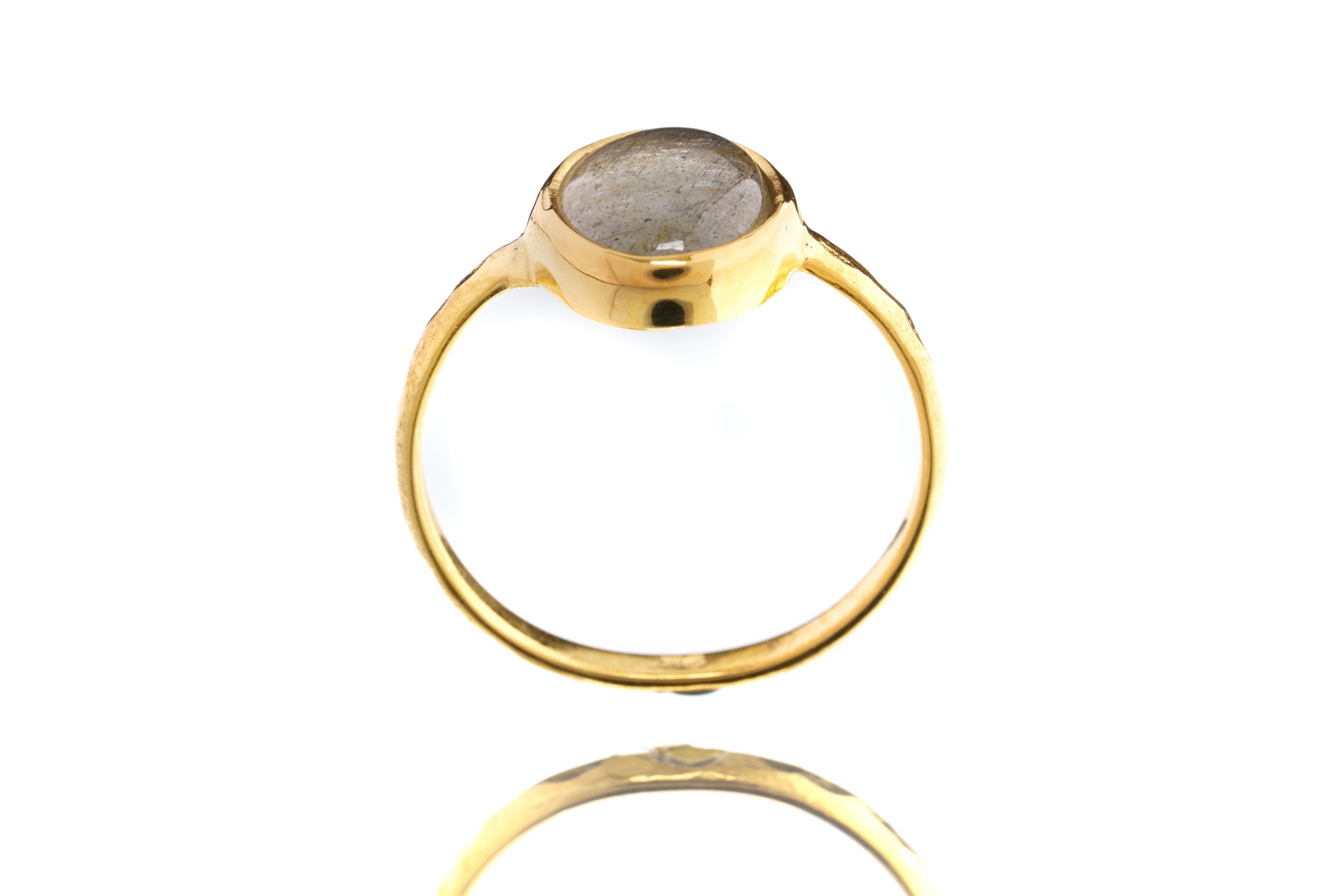 High Grade Labradorite - Stack Crystal Ring - Size 5 US - Gold Plated 925 Sterling Silver - Thin Band Hammer Textured