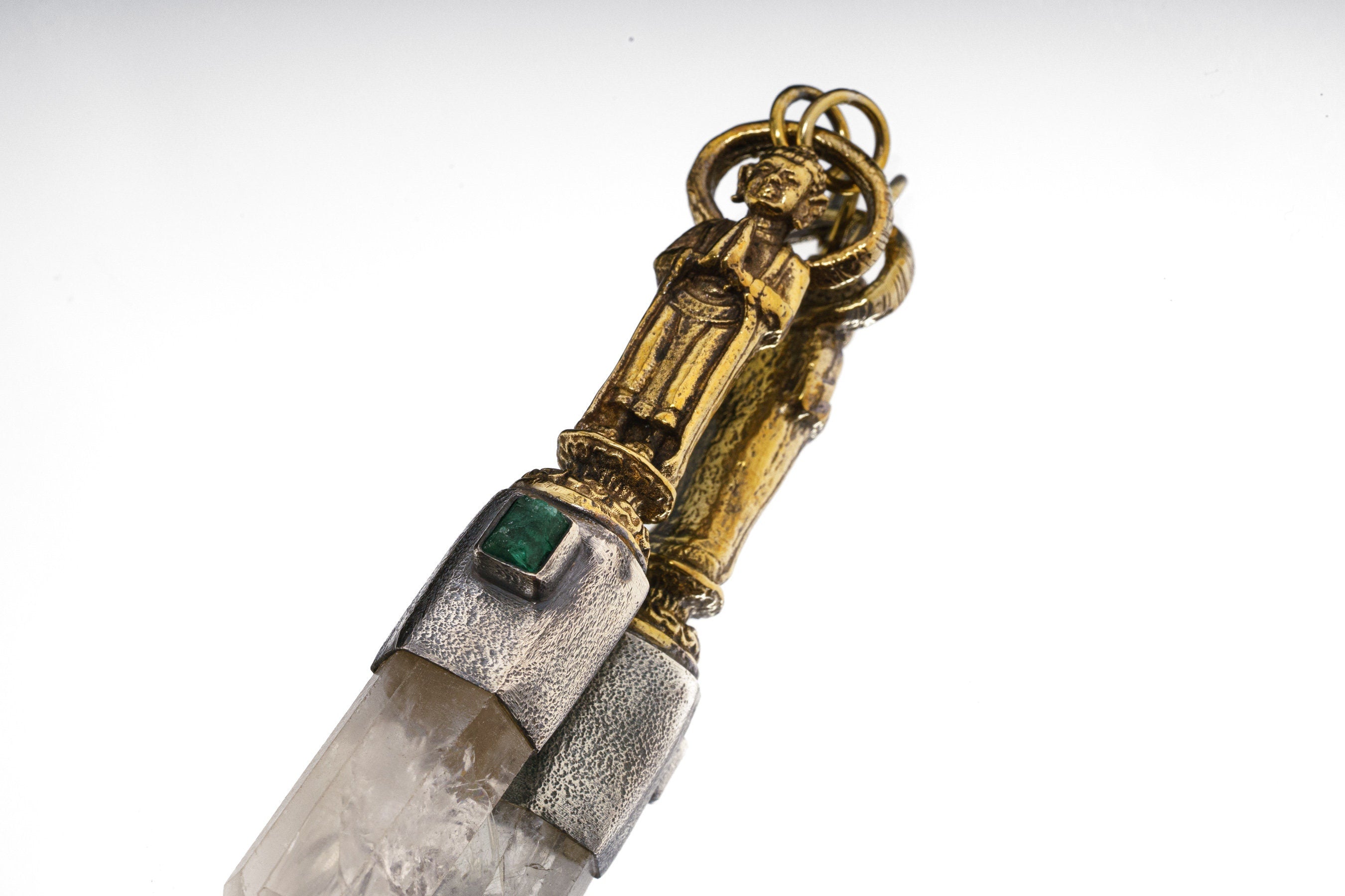 Twin Himalayan Quartz & Raw Emerald Pendant, Big Brass Buddha, Sterling Silver Crystal Talisman, Heart Chakra, Love and Clarity Amulet