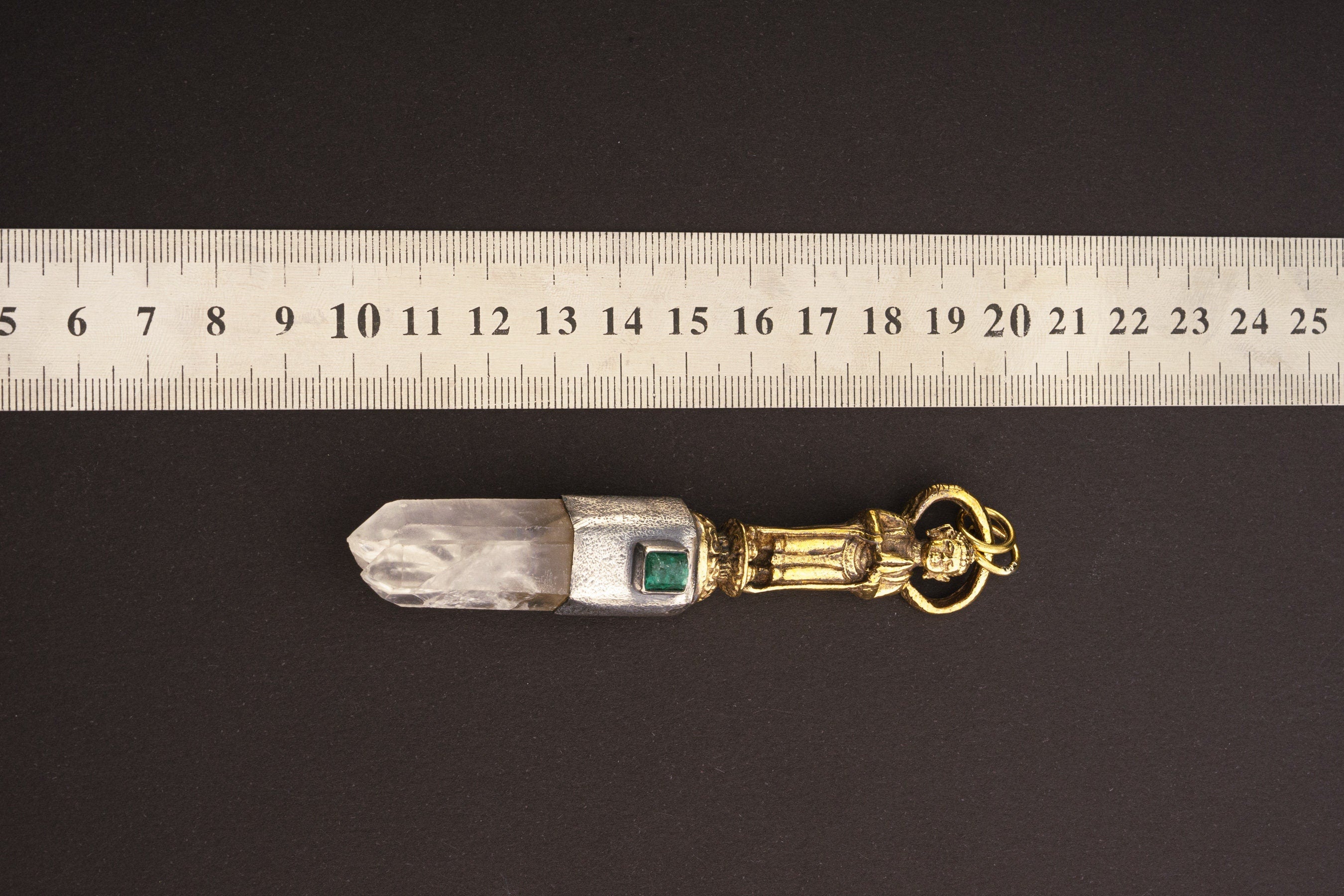 Twin Himalayan Quartz & Raw Emerald Pendant, Big Brass Buddha, Sterling Silver Crystal Talisman, Heart Chakra, Love and Clarity Amulet