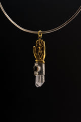 Sun Wukong Buddha Hand Quartz pendant shown worn on a black necklace as a self-mastery and protection charm.