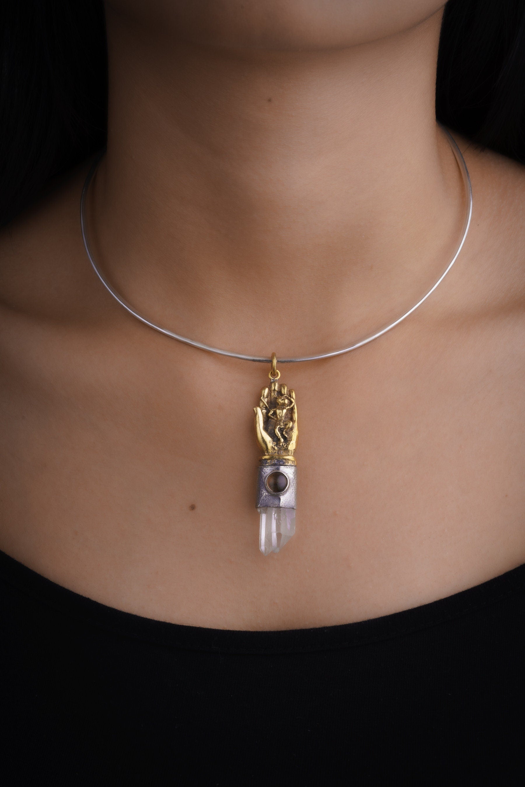 Monkey King Pendant 925 Sterling Silver Clear Quartz Smoky Quartz Buddha Hand Spiritual Jewelry Gift
