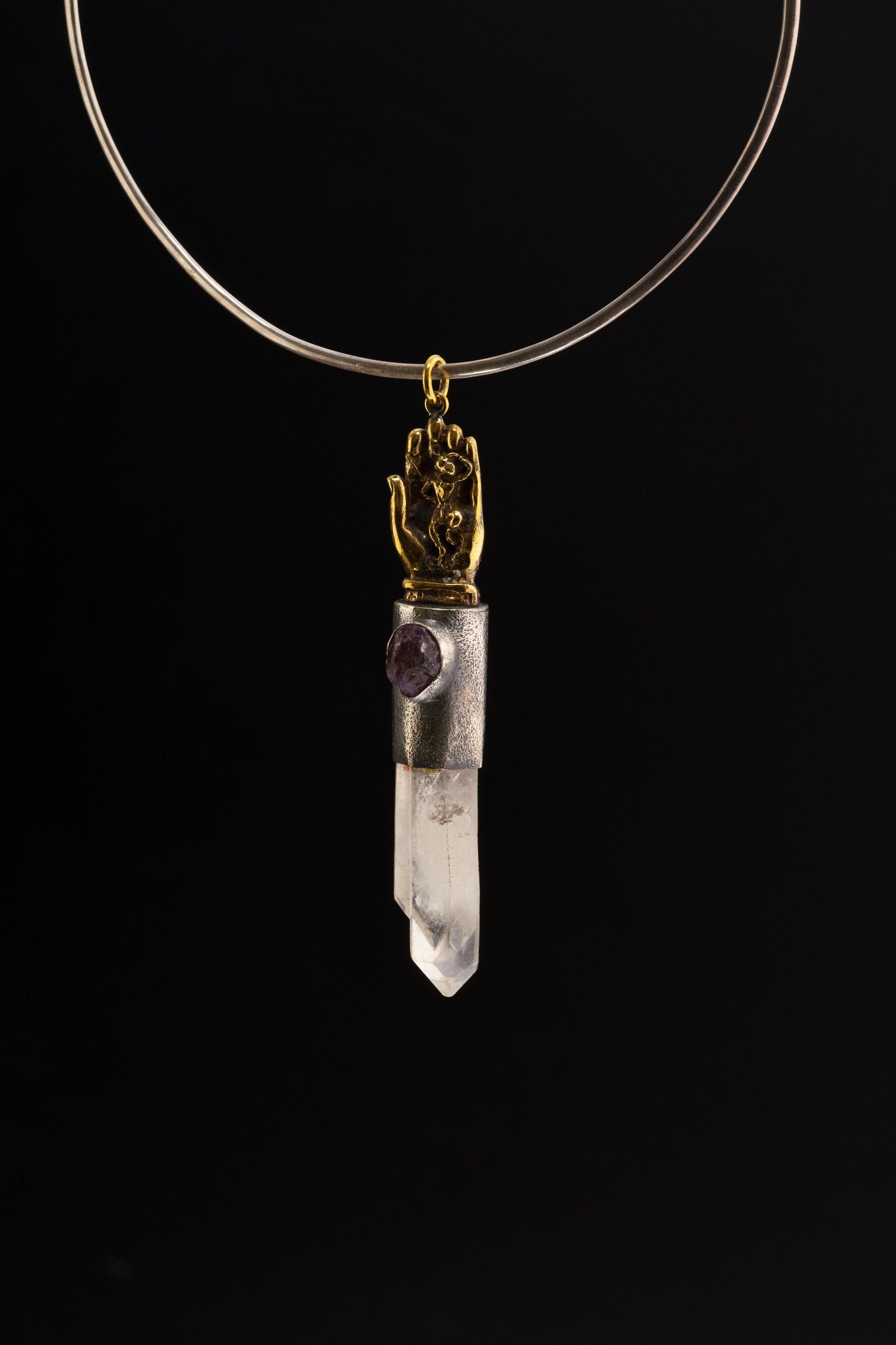 Monkey King Pendant 925 Sterling Silver Clear Quartz Amethyst Buddha Hand Spiritual Talisman Jewelry