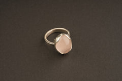 AAA Rose Quartz Cabochon Ring in Sterling Silver – Adjustable Heart Chakra Jewelry, Self-Love Gift, Textured Band, Made to Order Size 4–10