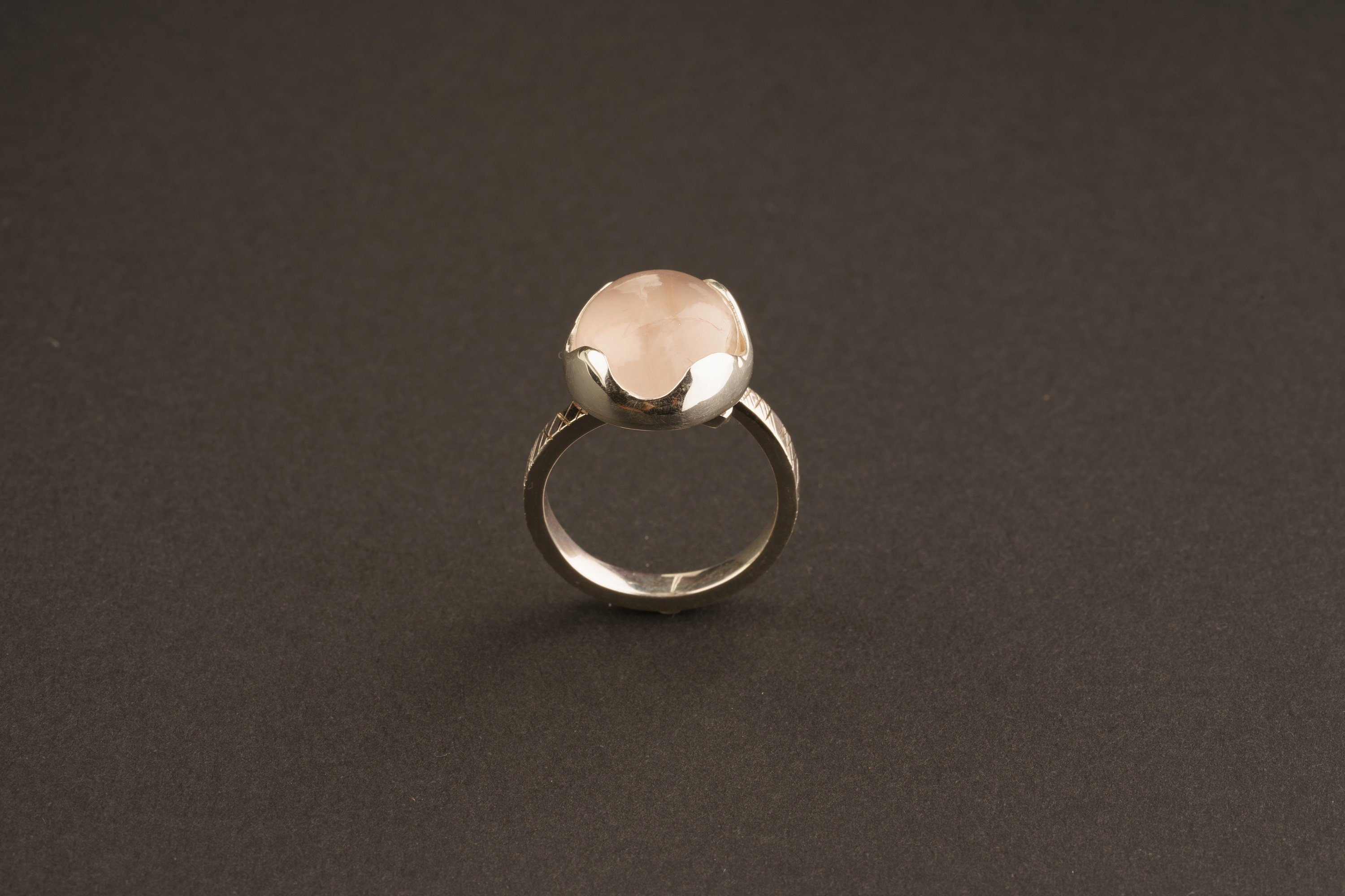 AAA Rose Quartz Cabochon Ring in Sterling Silver – Adjustable Heart Chakra Jewelry, Self-Love Gift, Textured Band, Made to Order Size 4–10