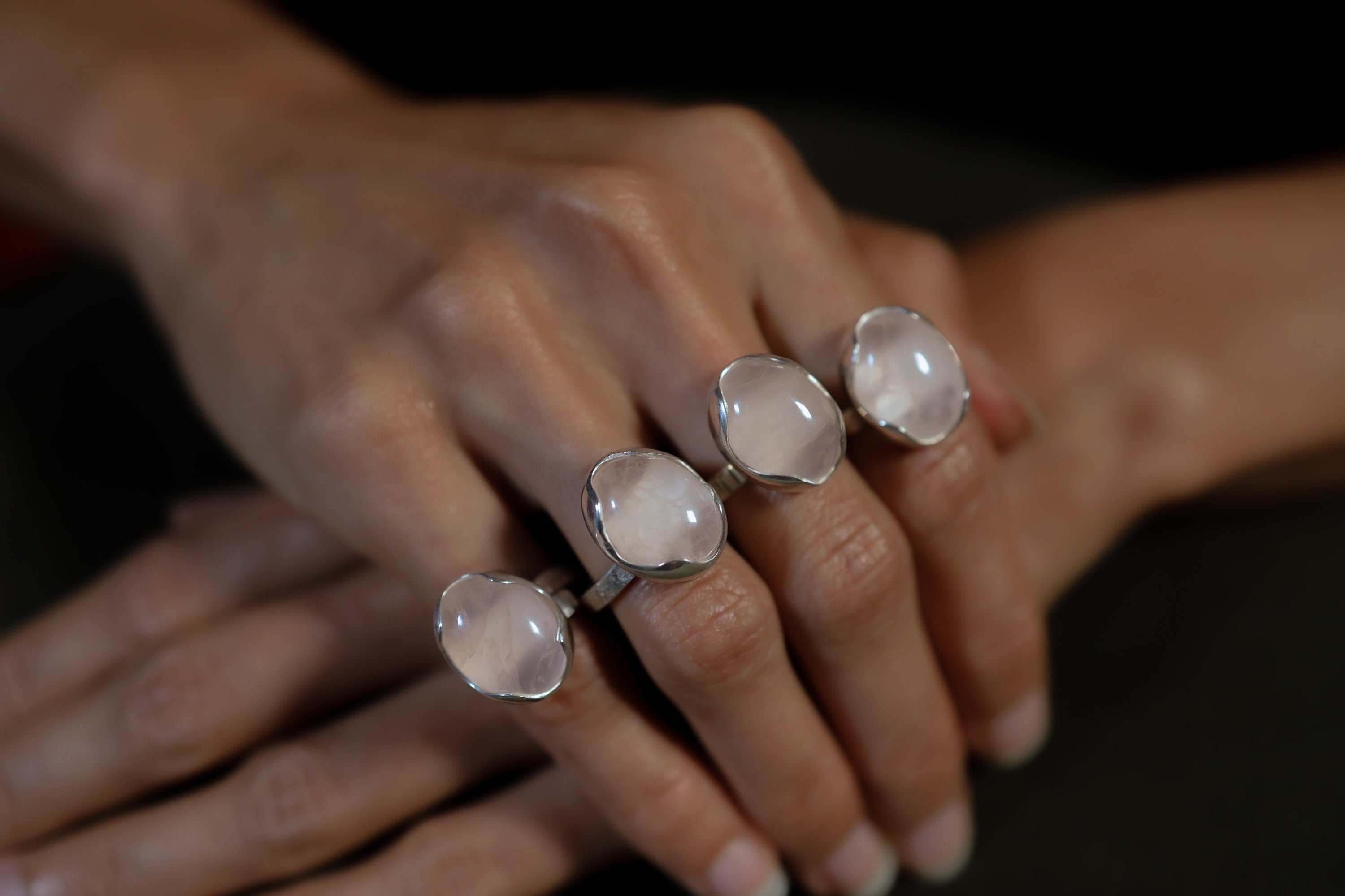 AAA Rose Quartz Ring: Adjustable Sterling Silver, Textured Band (Size 4-10)