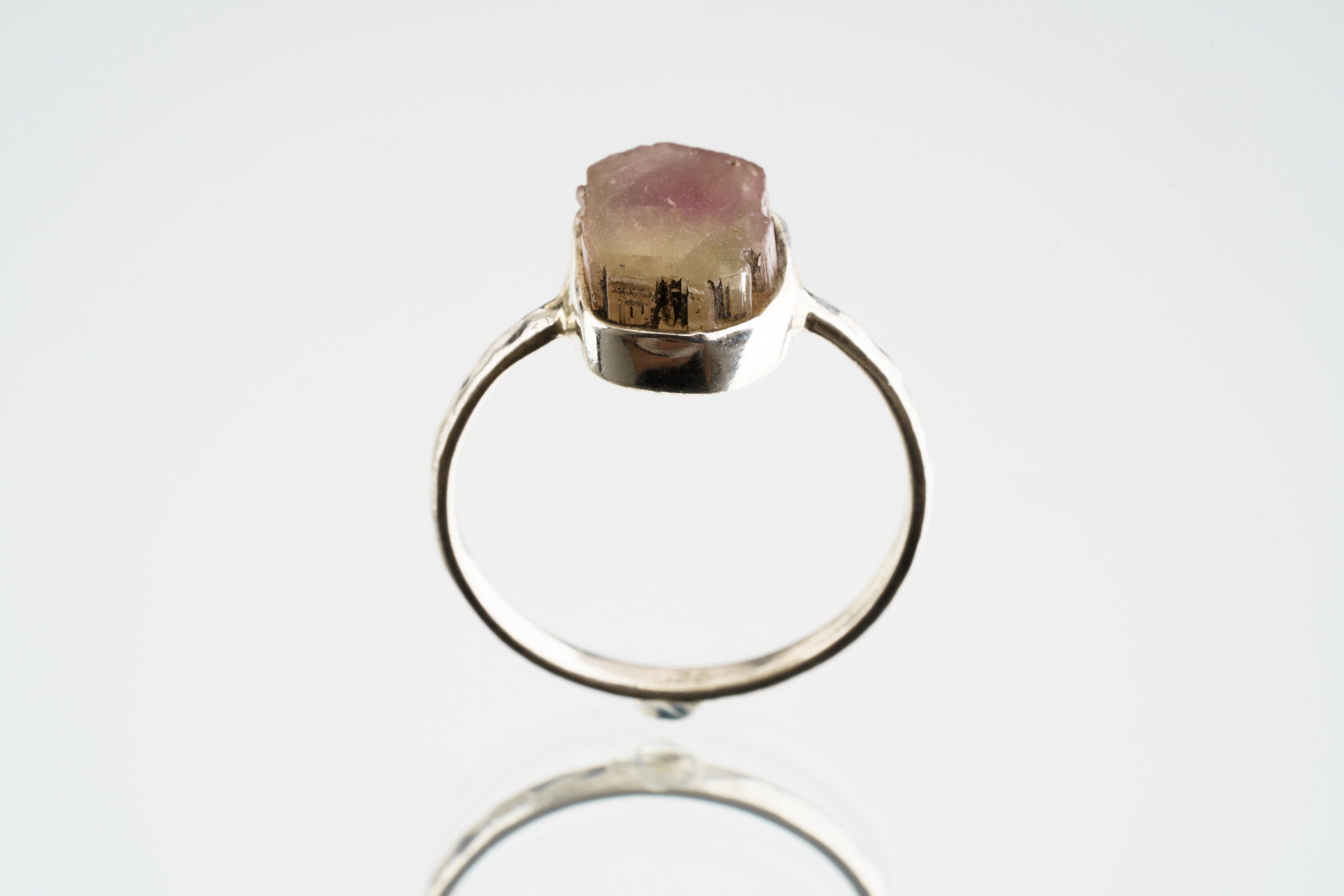 Bicolour Pink gem Tourmaline - Stack Crystal Ring - Size 5 3/4 US - 925 Sterling Silver - Thin Band Hammer Textured