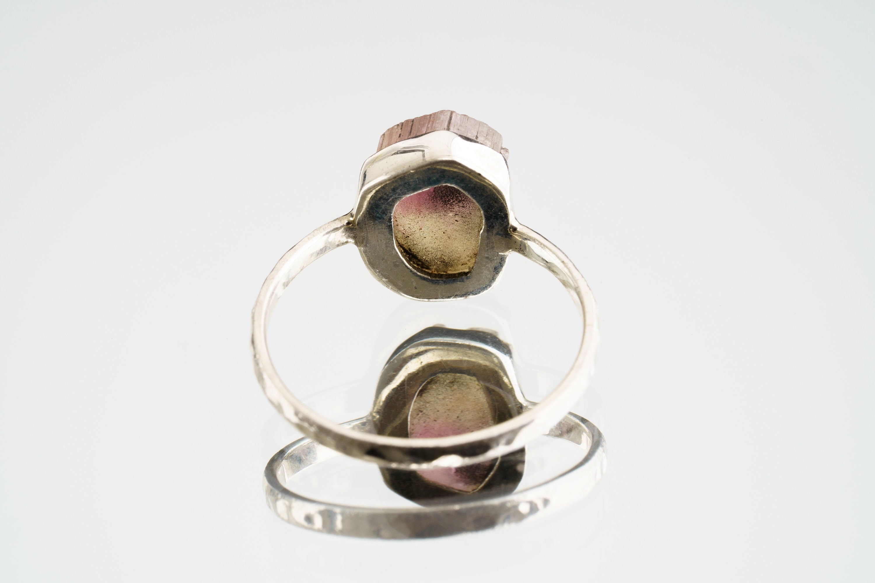 Pink Tourmaline Sterling Silver Ring - Hammered Band, Size 5 3/4
