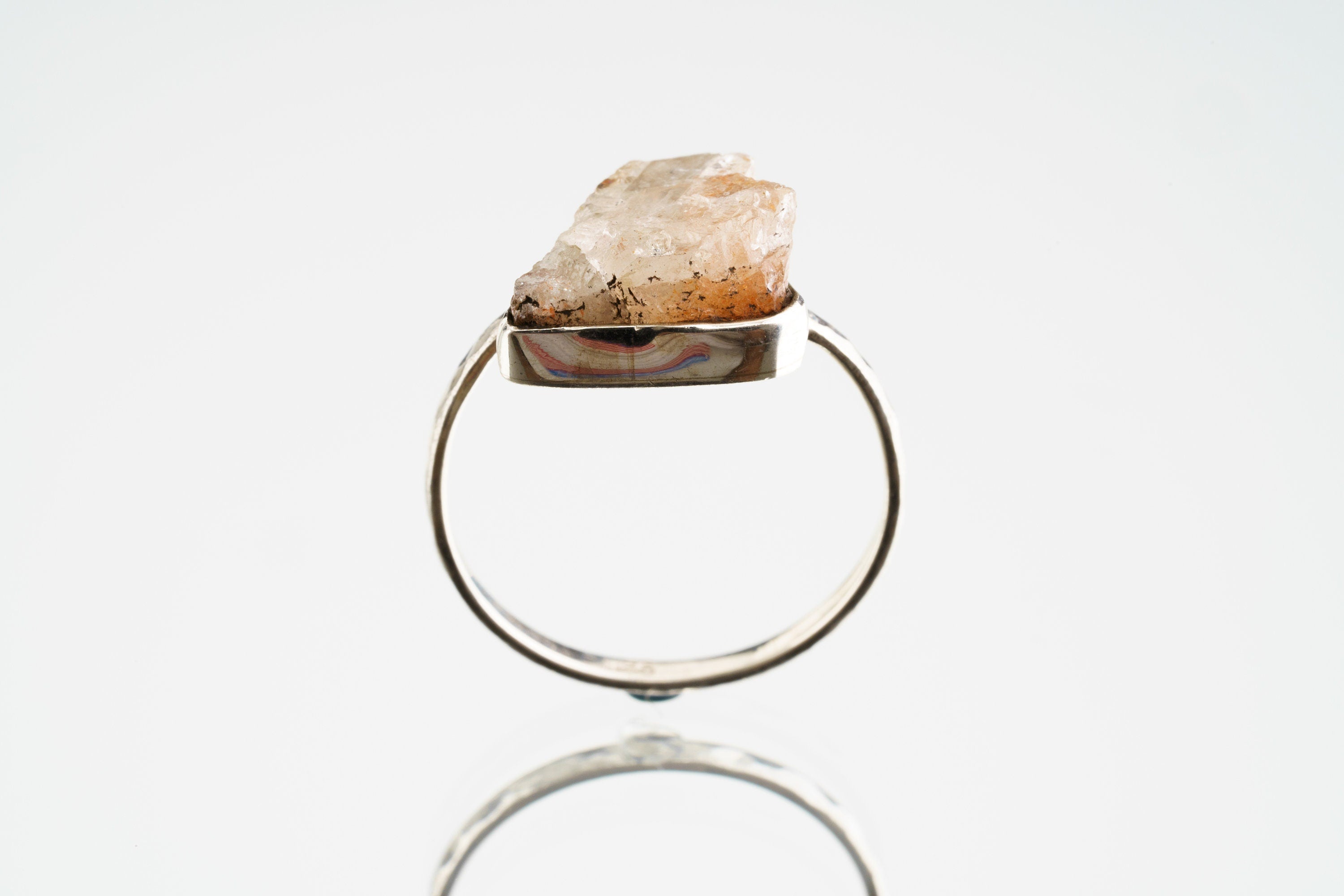 Rough Sunstone Sterling Silver Ring - Hammered Thin Band - Size 7.25