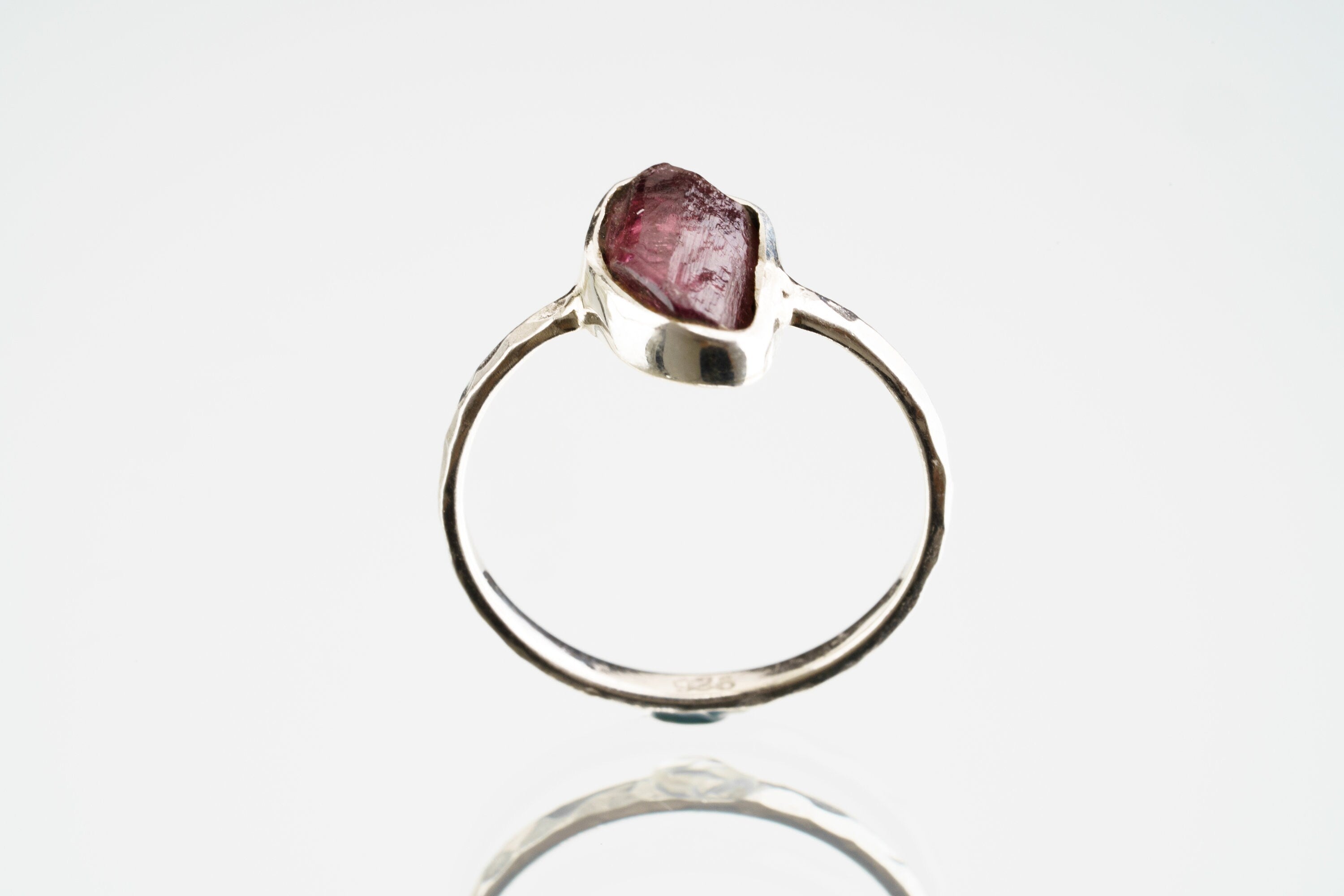 Pink gem Tourmaline Rubellite - Stack Crystal Ring - Size 4 3/4 US - 925 Sterling Silver - Thin Band Hammer Textured