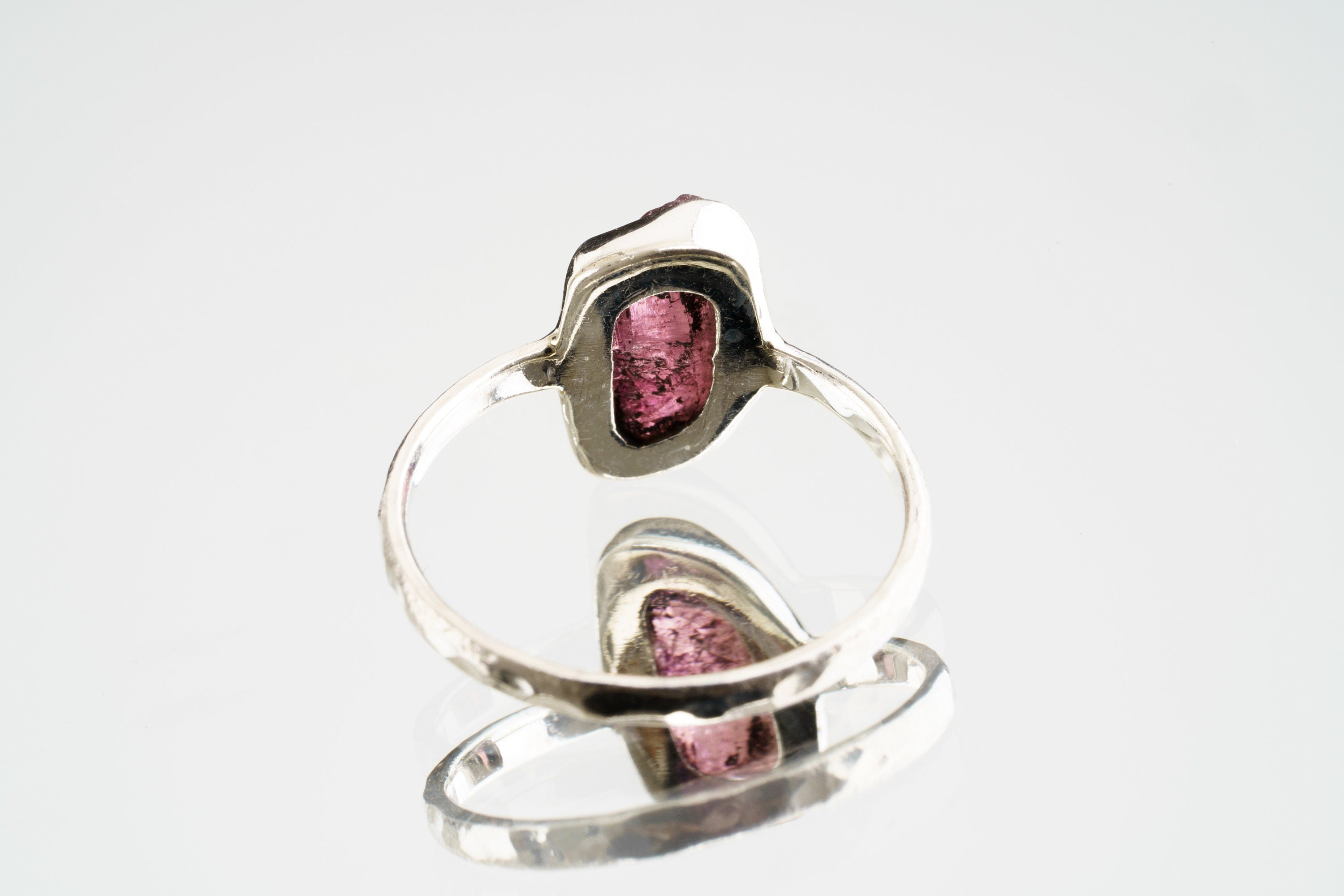 Pink gem Tourmaline Rubellite - Stack Crystal Ring - Size 4 3/4 US - 925 Sterling Silver - Thin Band Hammer Textured