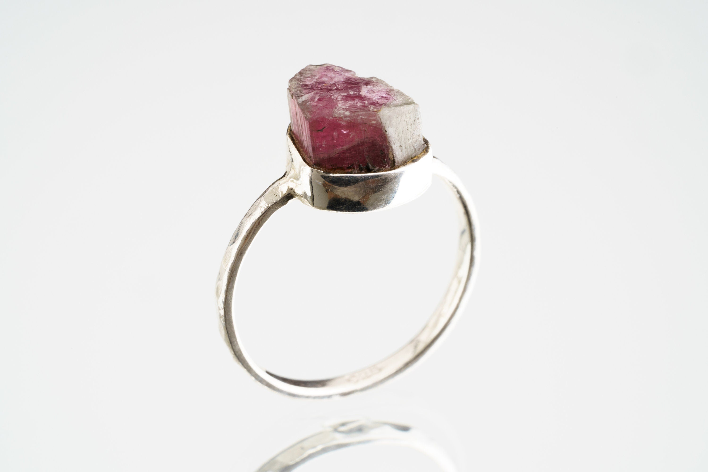 Pink gem Tourmaline Rubellite - Stack Crystal Ring - Size 4 3/4 US - 925 Sterling Silver - Thin Band Hammer Textured