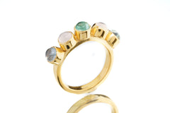 Multistone Aquamarine & Rose Quartz - Crystal Ring - Gold Plated 925 Sterling Silver - Thick Band