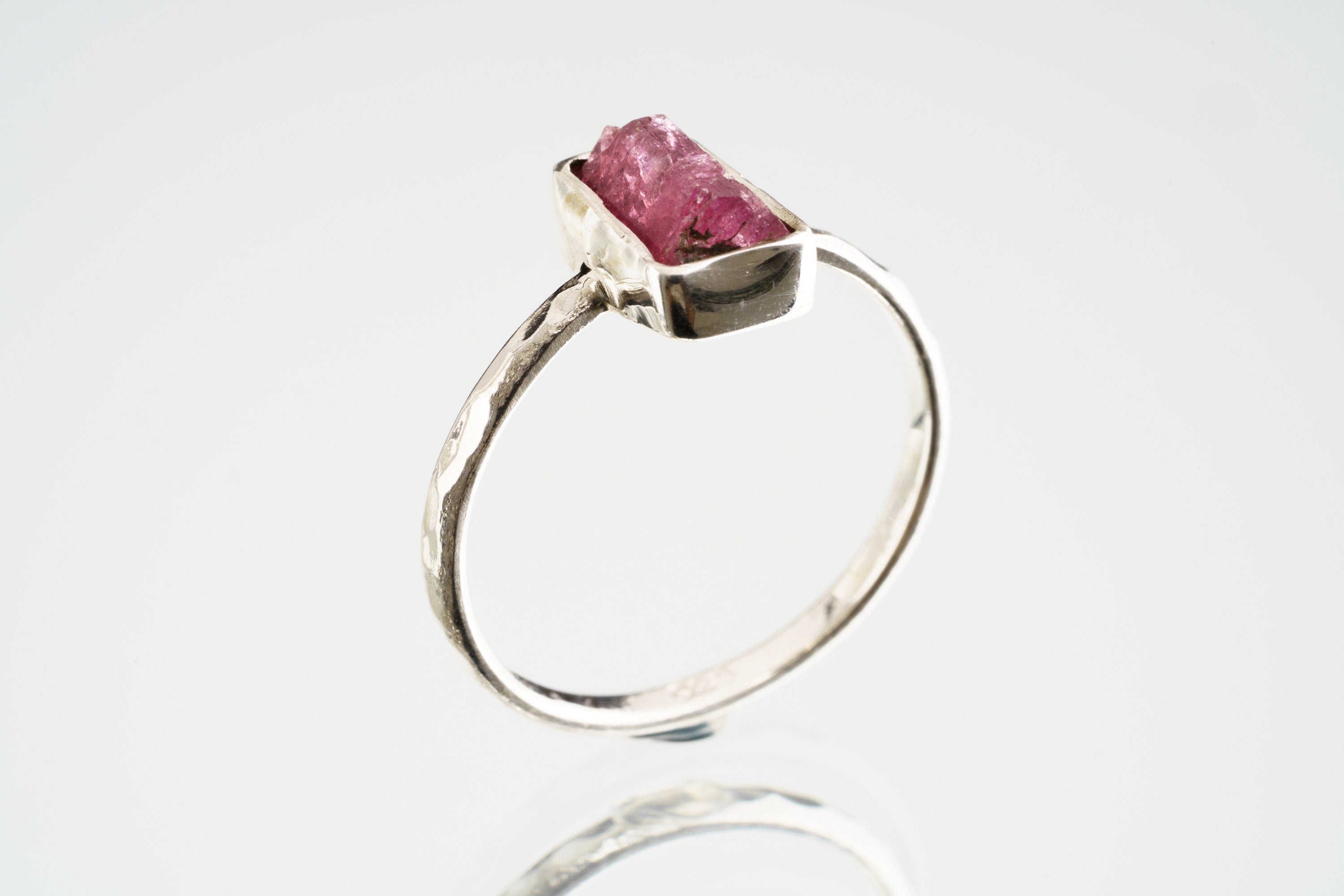 Rubellite Tourmaline Ring: Hammered Sterling Silver Stackable Crystal (Size 4 1/2 US)