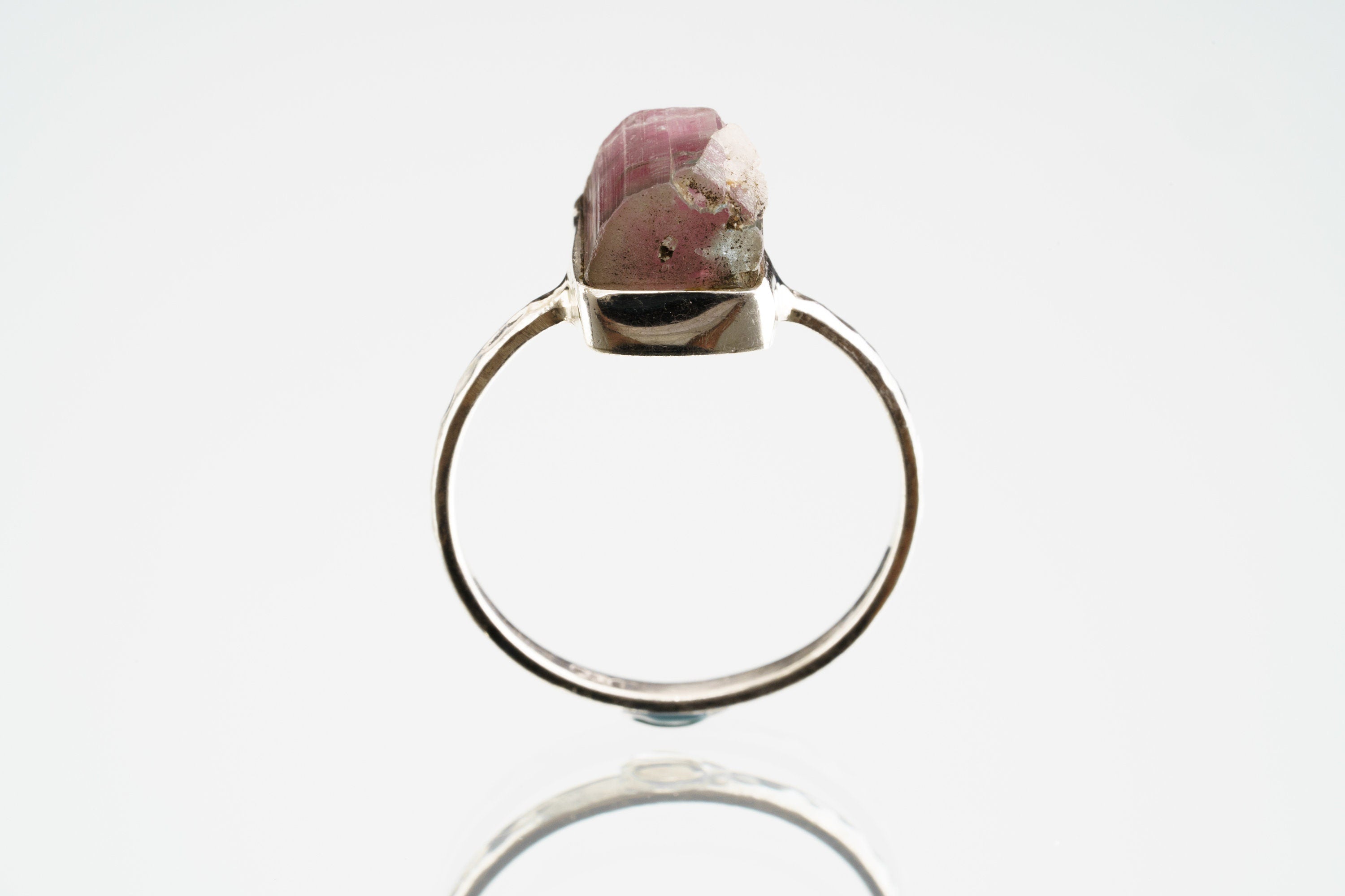 Gemmy Watermelon Tourmaline - Stack Crystal Ring - Size 6 1/2 US - 925 Sterling Silver - Thin Band Hammer Textured