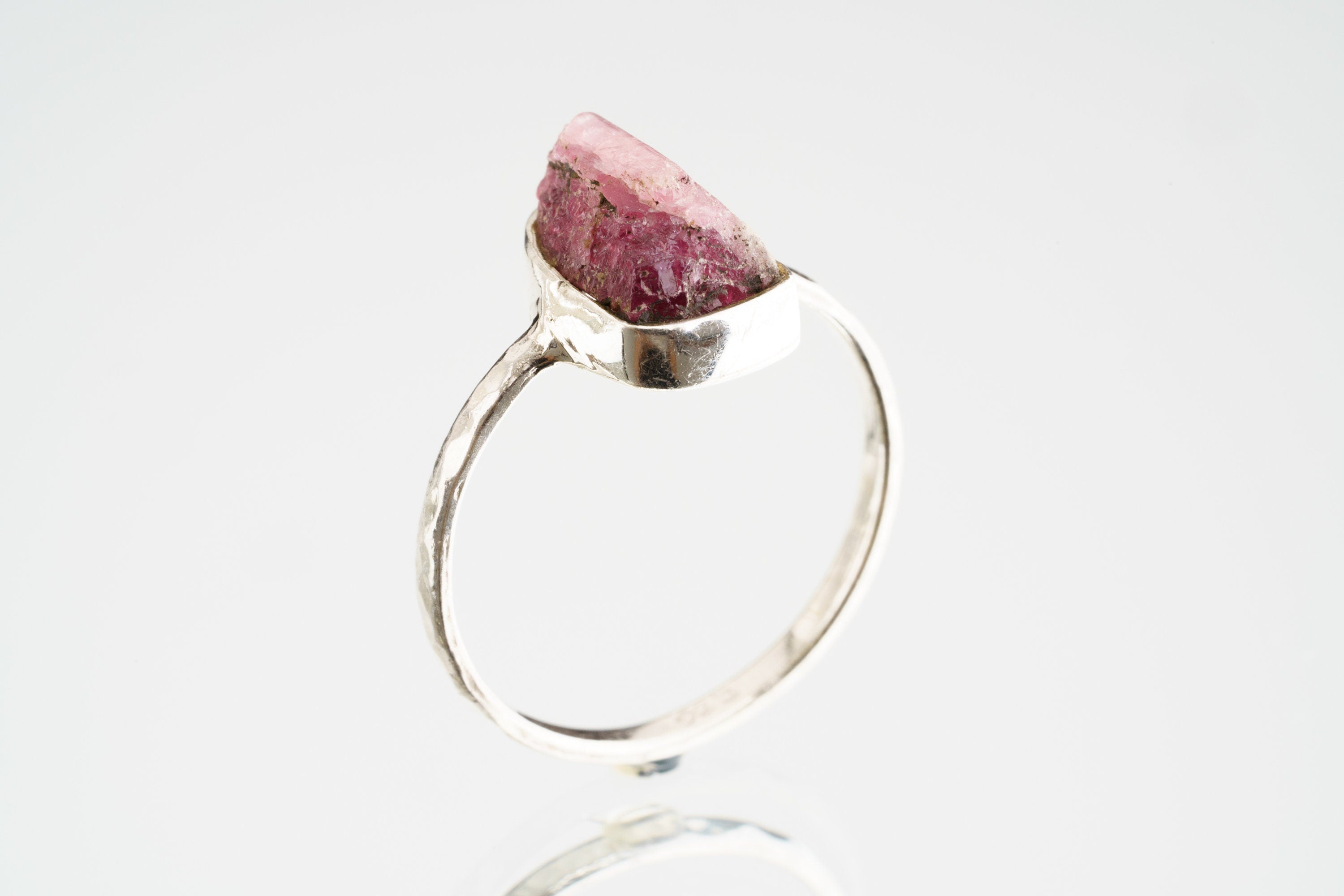 Pink Tourmaline Ring: Hammered Sterling Silver Crystal Stack Ring - Size 6
