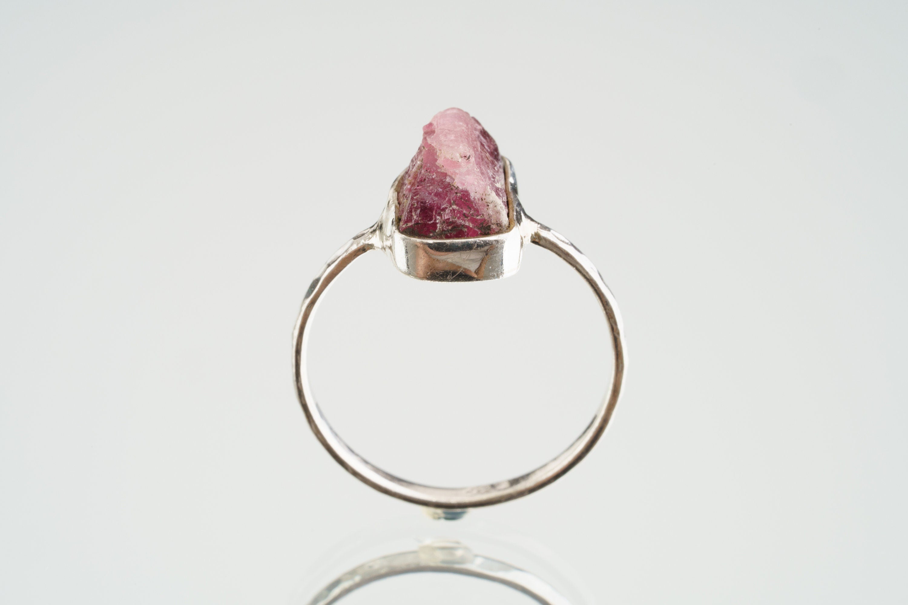 Pink gem Tourmaline Rubellite - Stack Crystal Ring - Size 6 US - 925 Sterling Silver - Thin Band Hammer Textured
