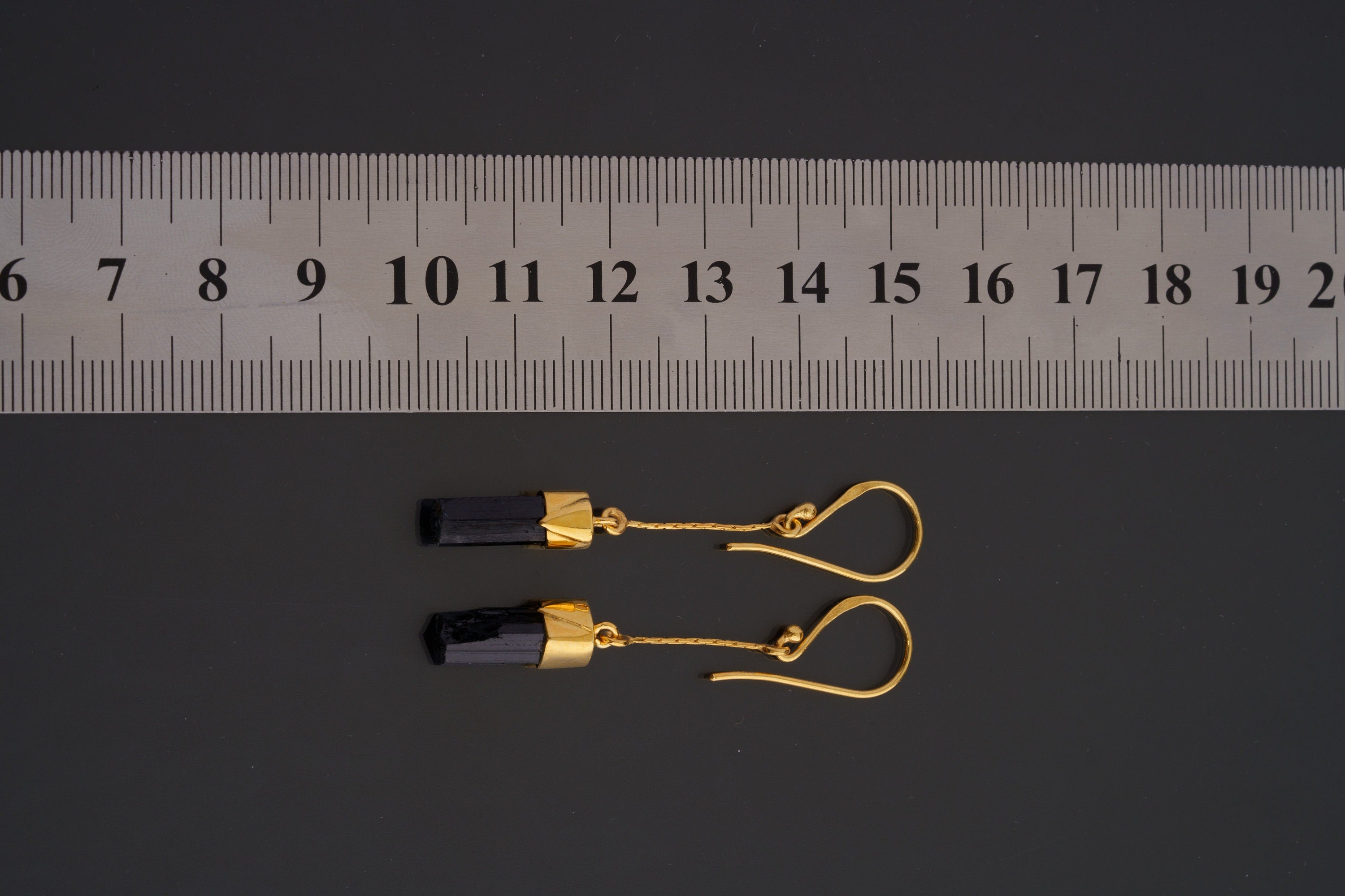 Natural Raw Black Tourmaline Stick Earrings with Gold Plated Sterling Silver Cap, Silver Snake Chain Dangle, Black & Gold