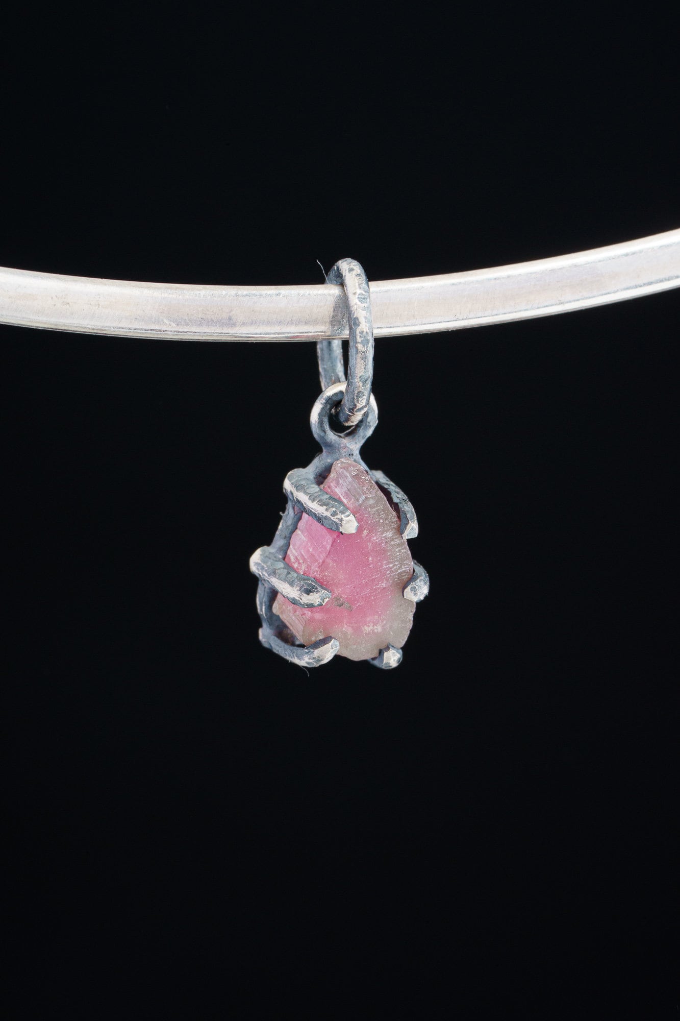 Gem Watermelon Tourmaline Slice - Oxidised Sterling Silver - Strong Claw Wire Setting - Hammer Textured - Pendant Crystal Necklace