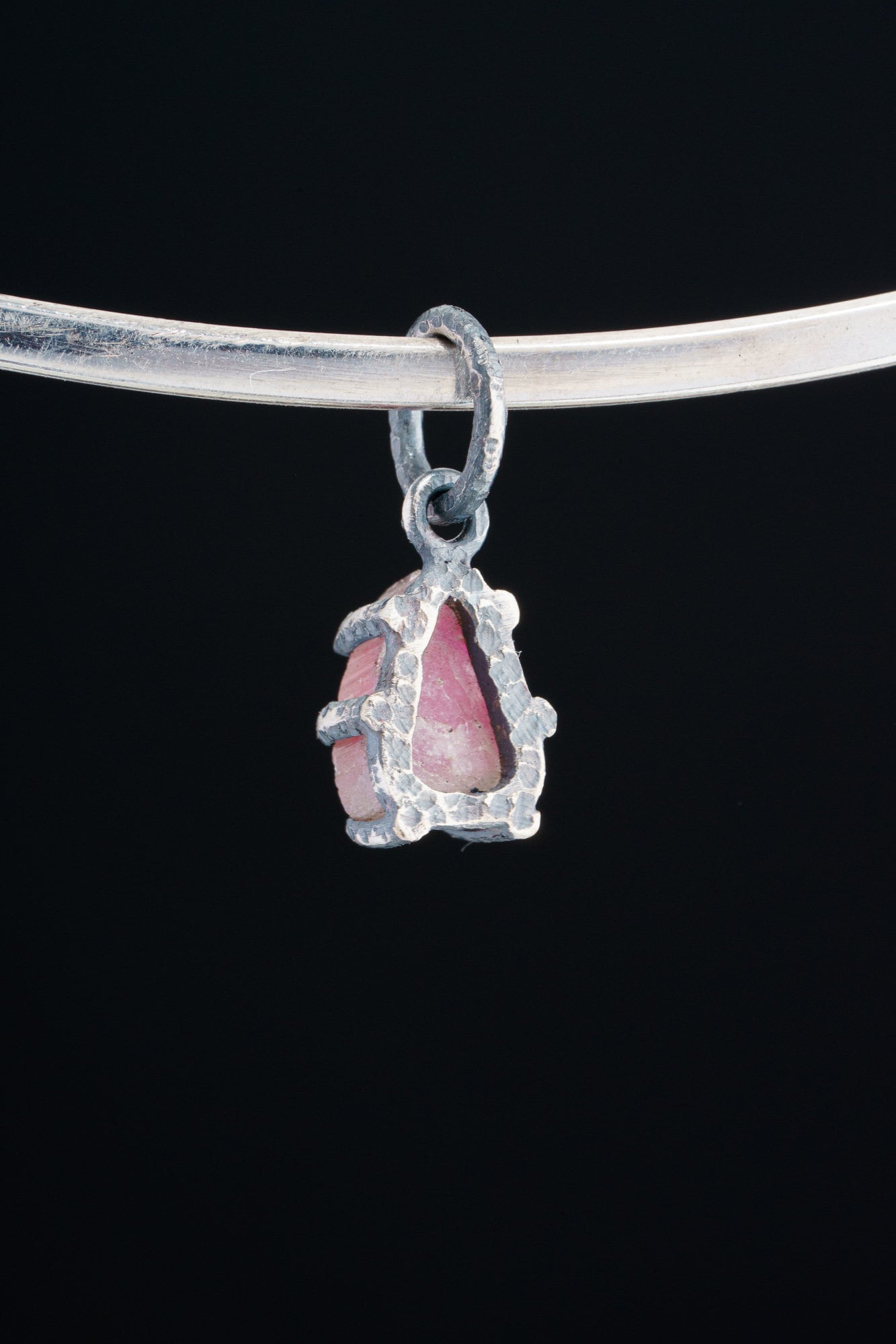 Gem Watermelon Tourmaline Slice - Oxidised Sterling Silver - Strong Claw Wire Setting - Hammer Textured - Pendant Crystal Necklace