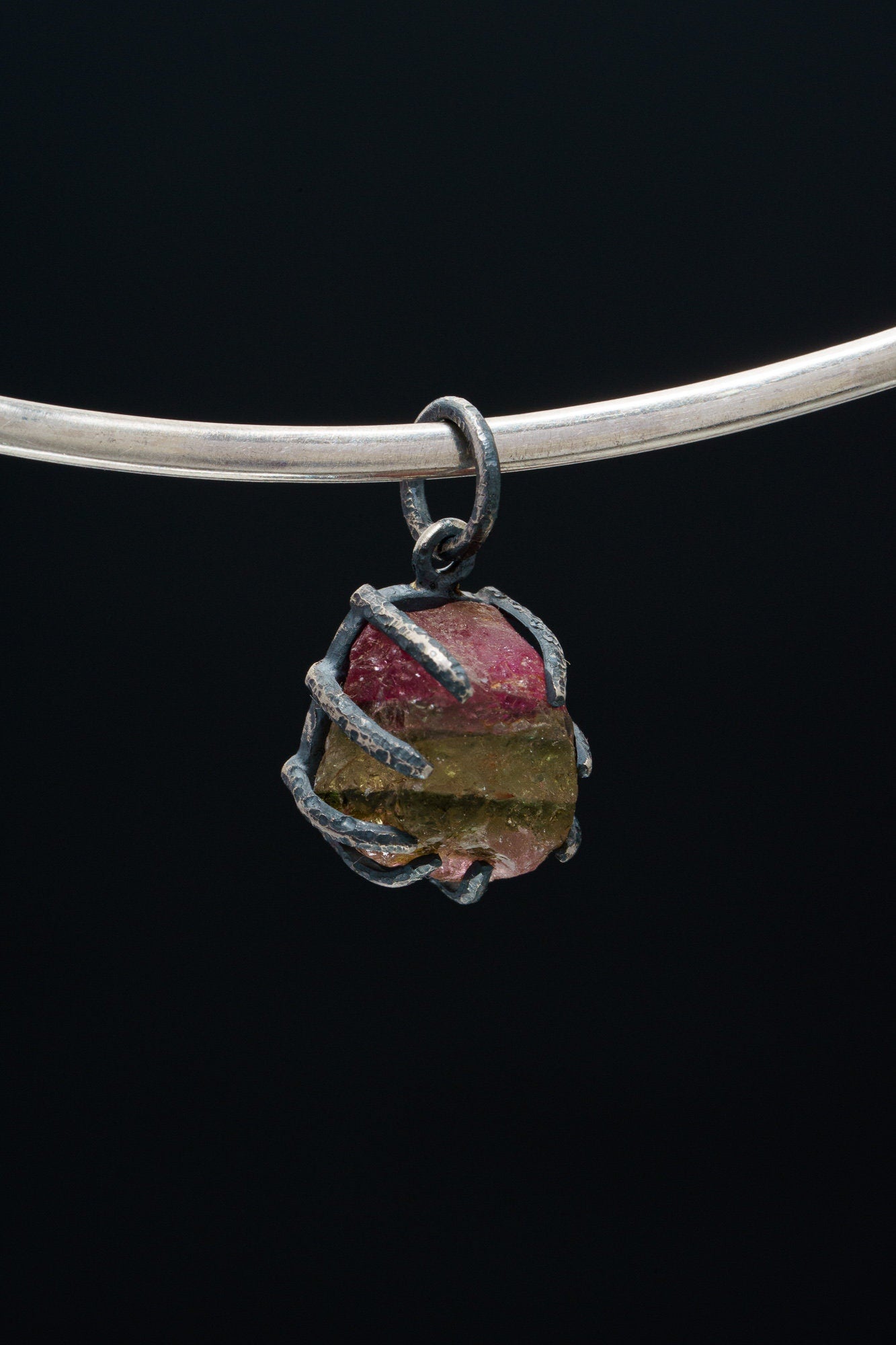 Raw Gem Watermelon Tourmaline Chunk- Oxidised Sterling Silver - Strong Claw Wire Setting - Hammer Textured - Pendant Crystal Necklace