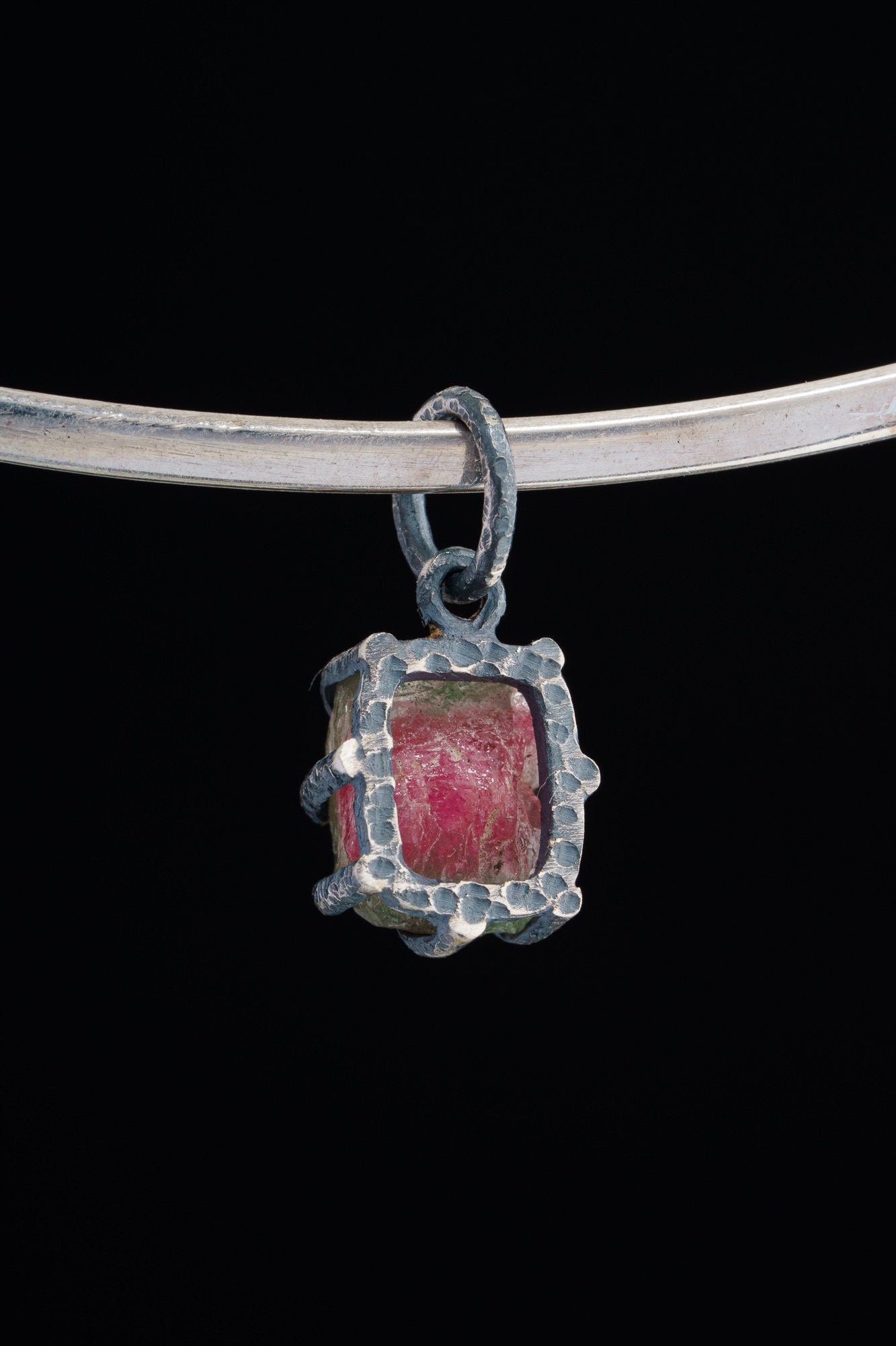 Tiny Mostly Pink Watermelon Tourmaline - Oxidised Sterling Silver - Strong Claw Wire Setting - Hammer Textured - Pendant Crystal Necklace