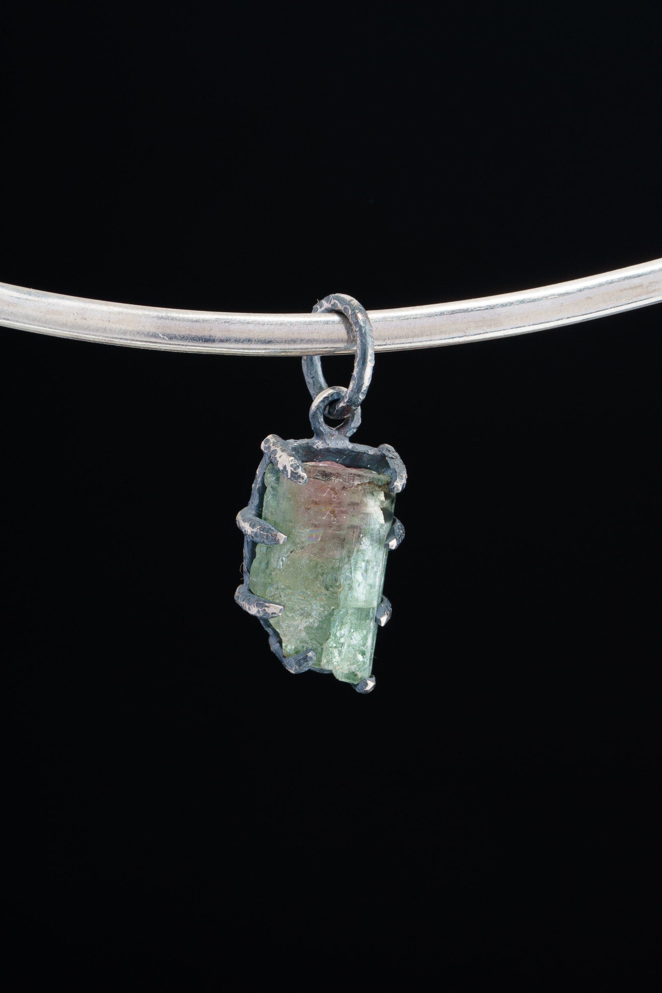 Tiny Mostly Green Watermelon Tourmaline - Oxidised Sterling Silver - Strong Claw Wire Setting - Hammer Textured - Pendant Crystal Necklace