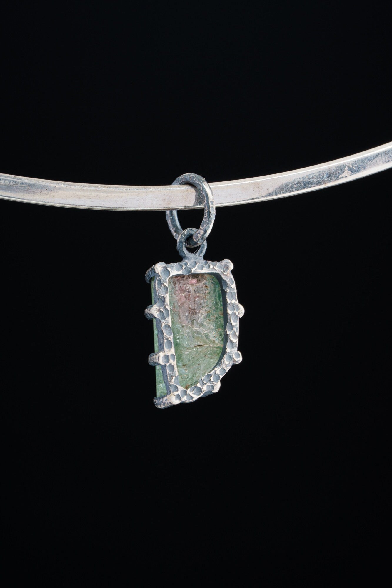 Tiny Mostly Green Watermelon Tourmaline - Oxidised Sterling Silver - Strong Claw Wire Setting - Hammer Textured - Pendant Crystal Necklace