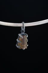 Tiny Olive Watermelon Tourmaline Slice - Oxidised Sterling Silver - Strong Claw Wire Setting - Hammer Textured - Pendant Crystal Necklace