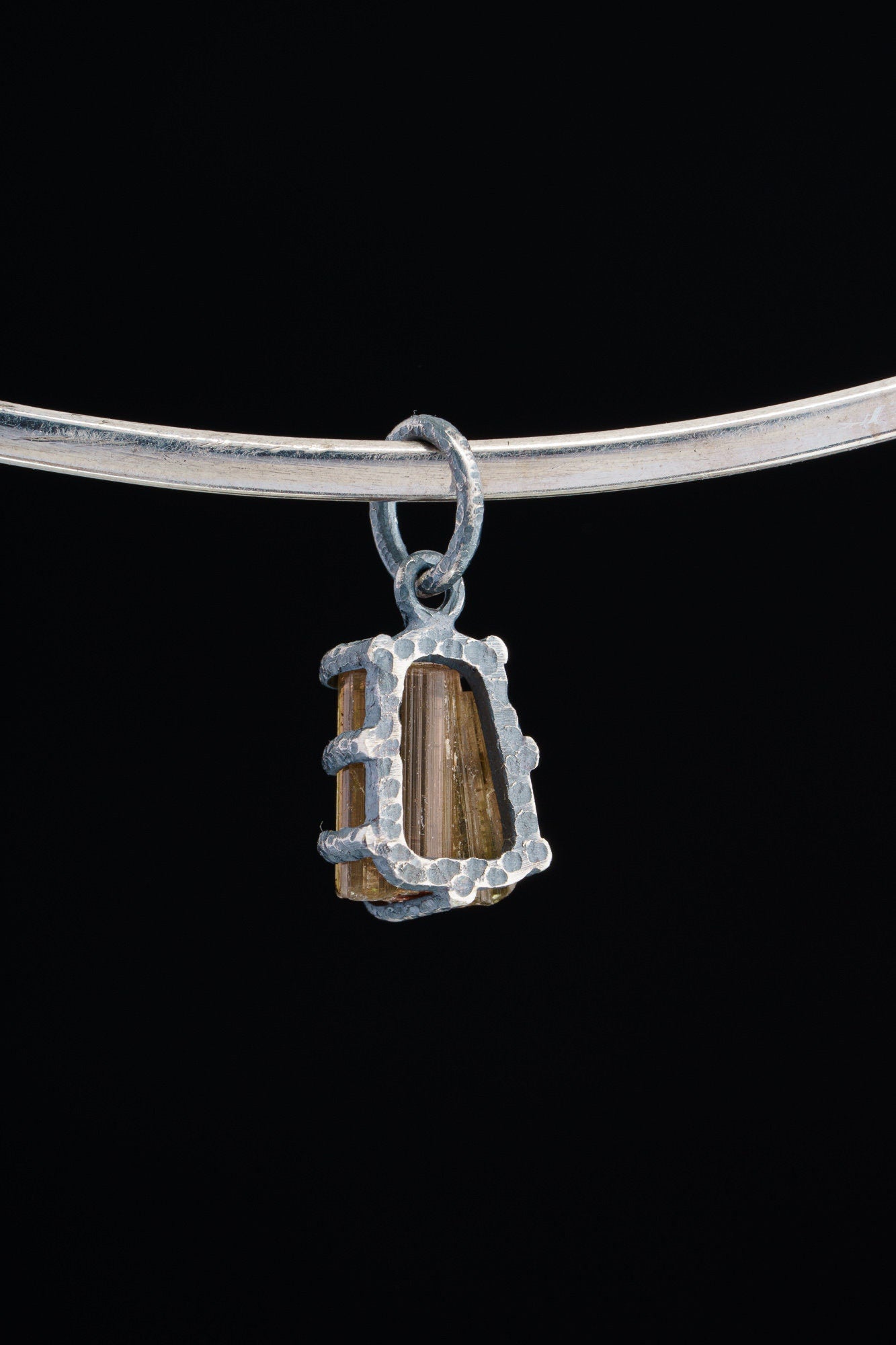 Tiny Olive Watermelon Tourmaline Slice - Oxidised Sterling Silver - Strong Claw Wire Setting - Hammer Textured - Pendant Crystal Necklace