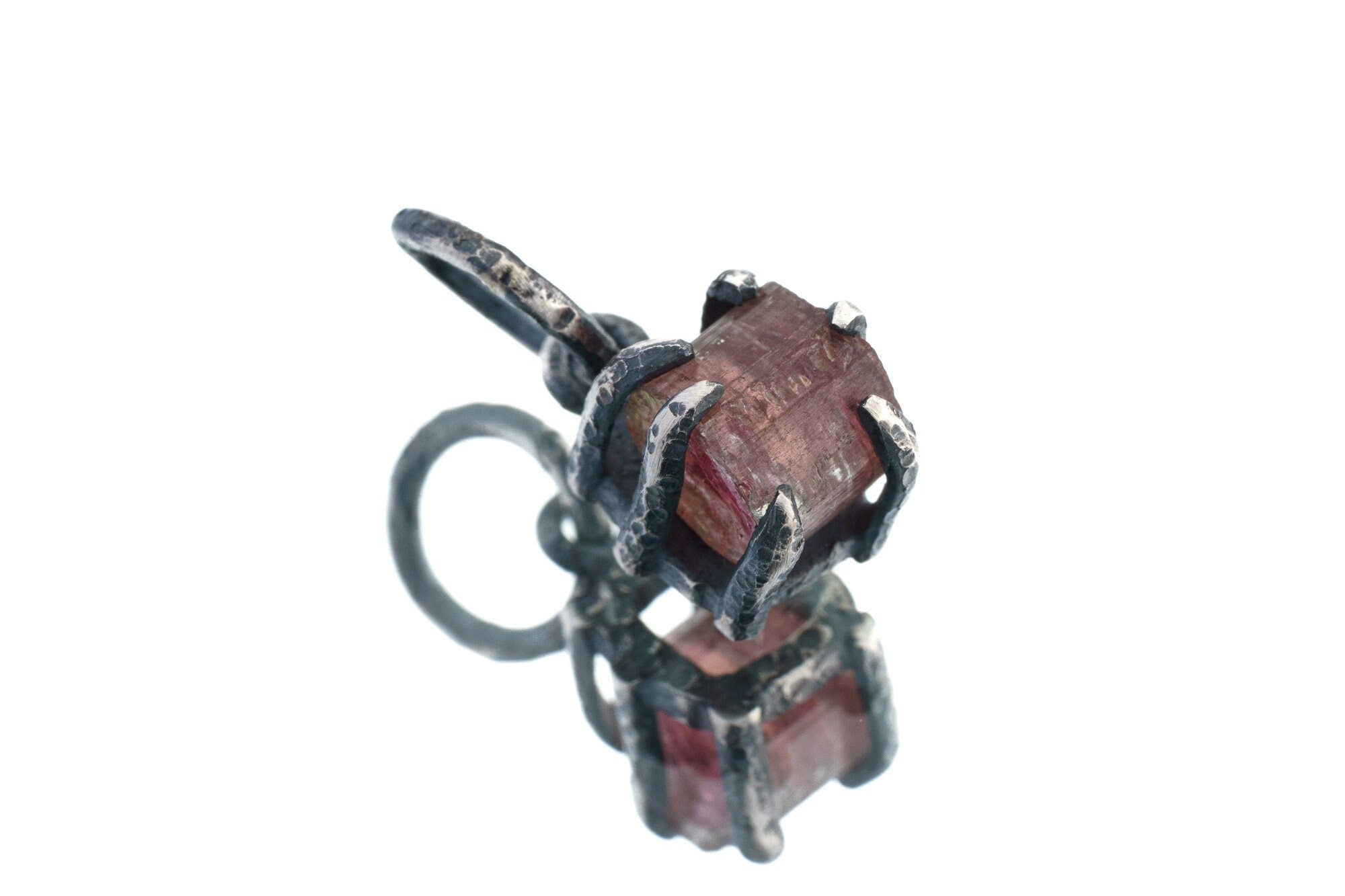 Raw Pink Tourmaline Pendant: Oxidized Sterling Silver Crystal Necklace