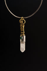 Double Terminated Twin Himalayan Quartz & Raw Gem Emerald - Oxidised Textured Sterling Silver - Brass Cast Big Bali Buddha - Crystal Pendant