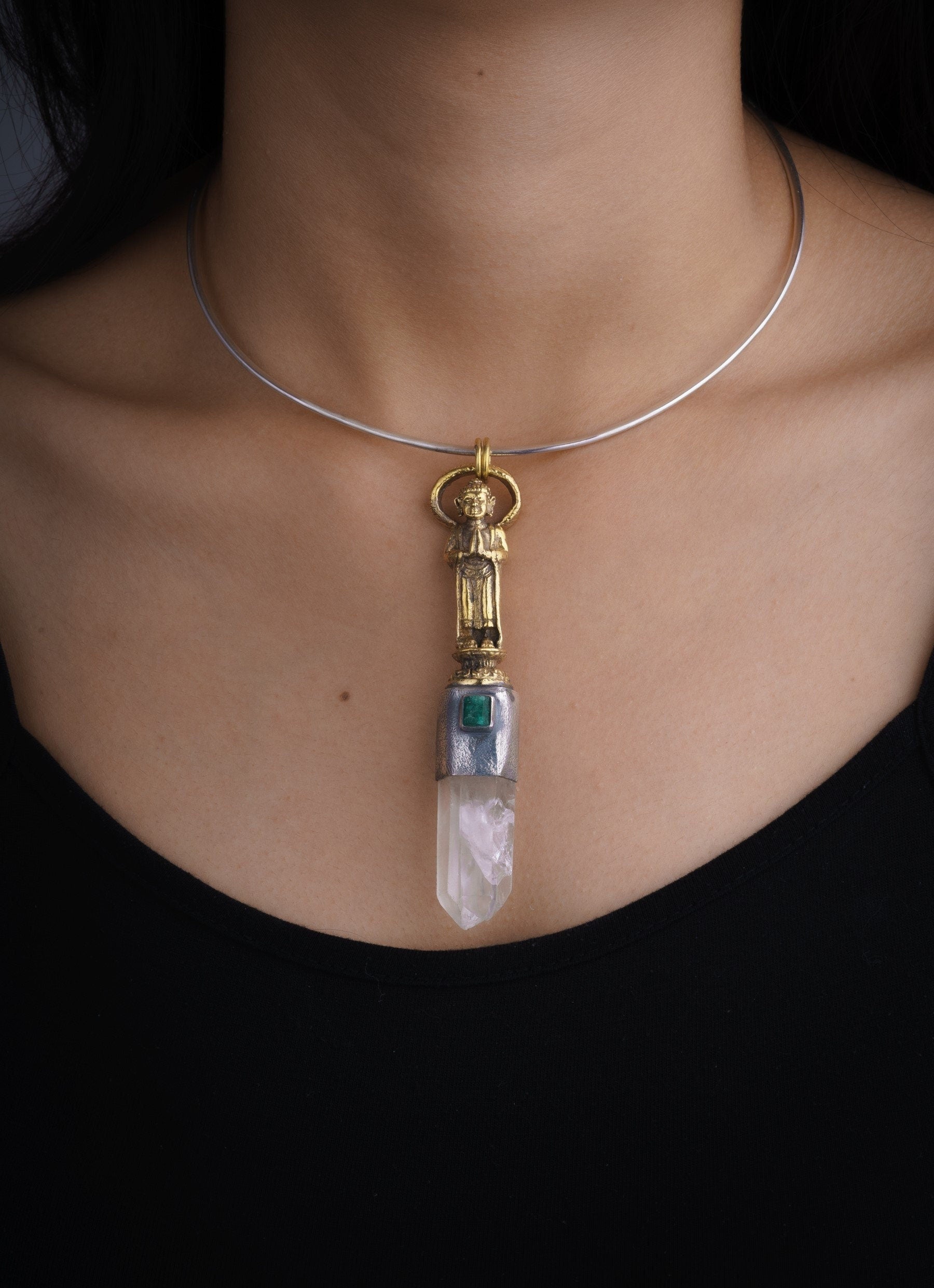 Twin Himalayan Quartz & Raw Emerald Pendant, Big Brass Buddha, Sterling Silver Crystal Talisman, Heart Chakra, Love and Clarity Amulet