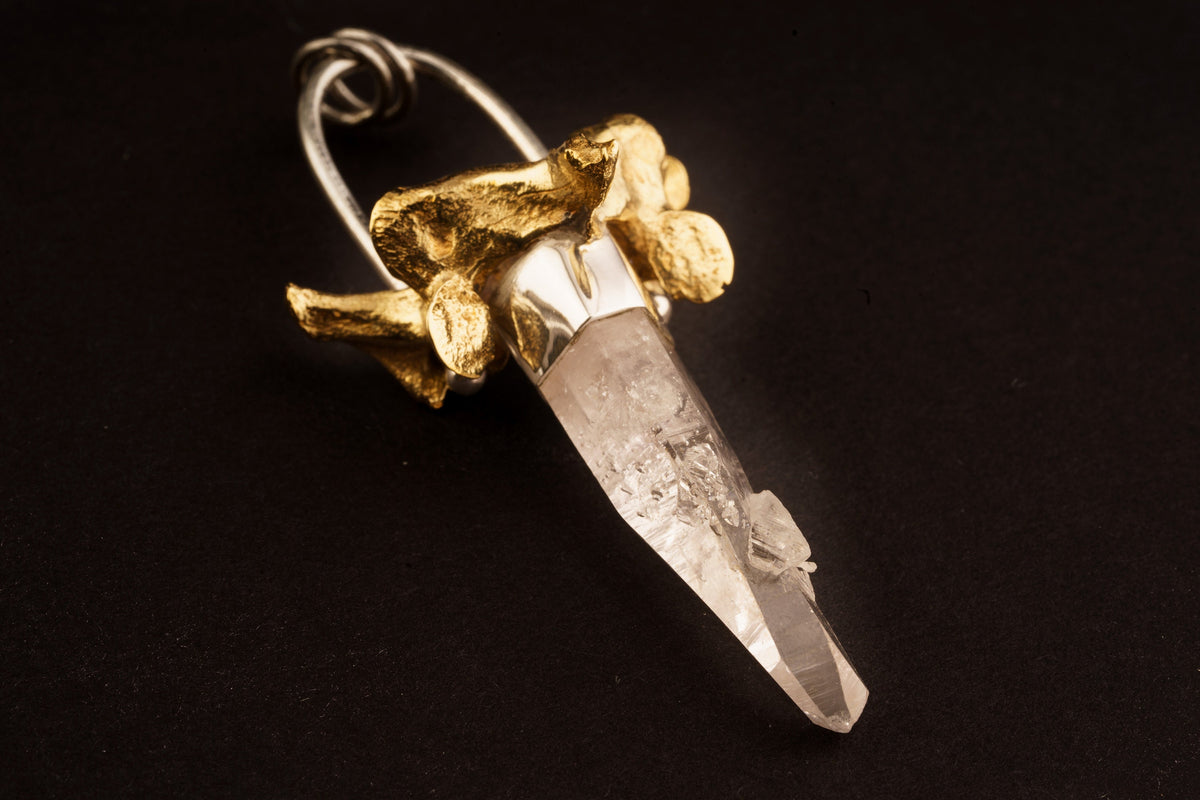 Light Laser Vera Cruz Amethyst Quartz Point Pendant, Sterling Silver with Kangaroo Vertebrate Brass Cast, Talisman Jewelry, Unique Gift