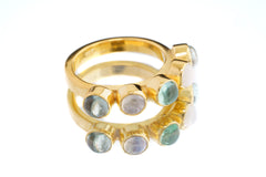 Multistone Aquamarine & Rose Quartz - Crystal Ring - Gold Plated 925 Sterling Silver - Thick Band