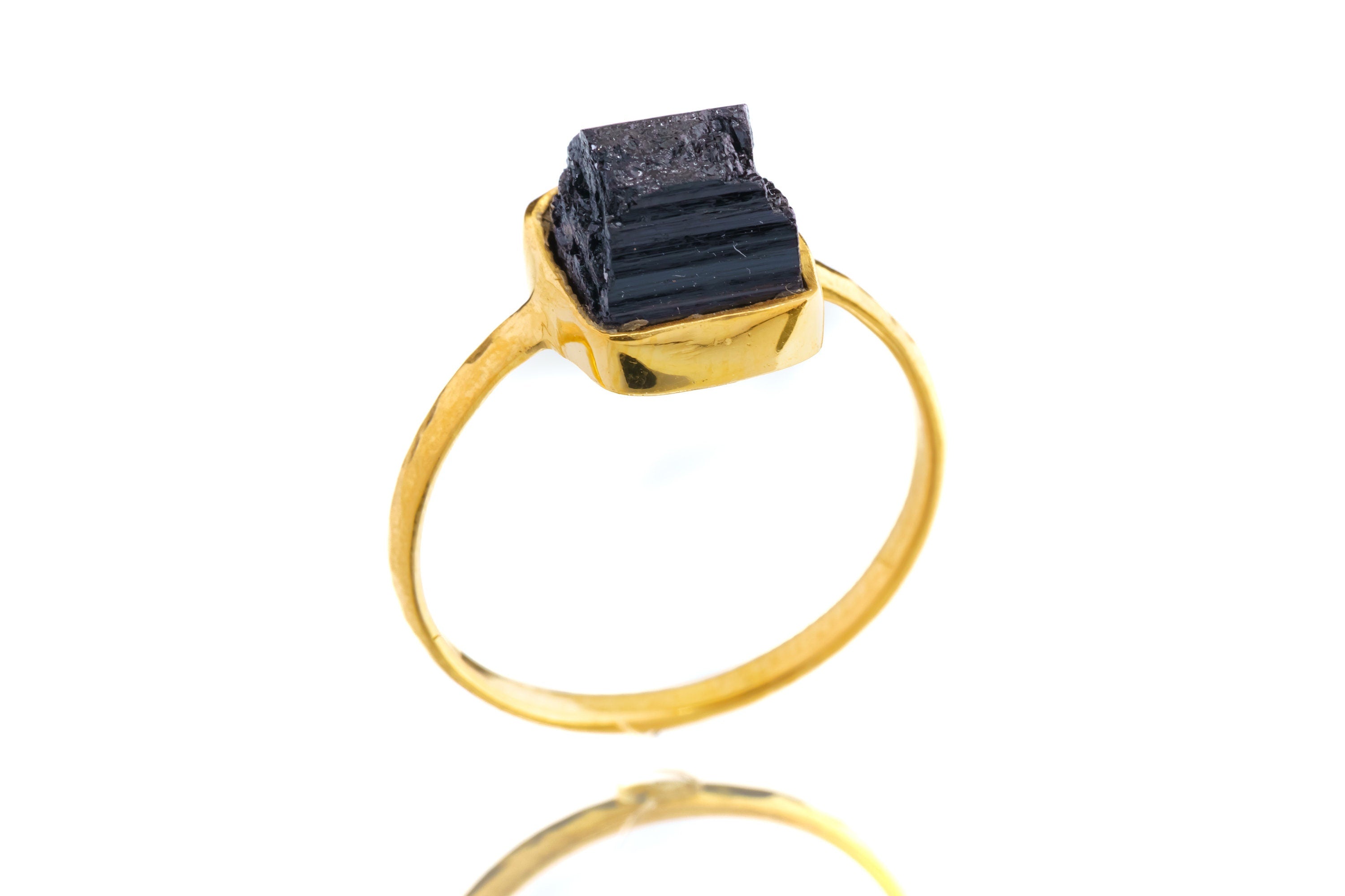 Raw Black Tourmaline - Stack Crystal Ring - Size 7 1/2 US - Gold Plated 925 Sterling Silver - Thin Band Hammer Textured