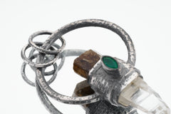 Brown Gem Tourmaline, Faceted Emerald & Lumerian Optical Laser Quartz - Textured Oxidised Sterling Silver - Crystal Pendant Neckpiece NO.6