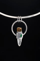 Brown Gem Tourmaline, Faceted Emerald & Lumerian Optical Laser Quartz - Textured Oxidised Sterling Silver - Crystal Pendant Neckpiece NO.6