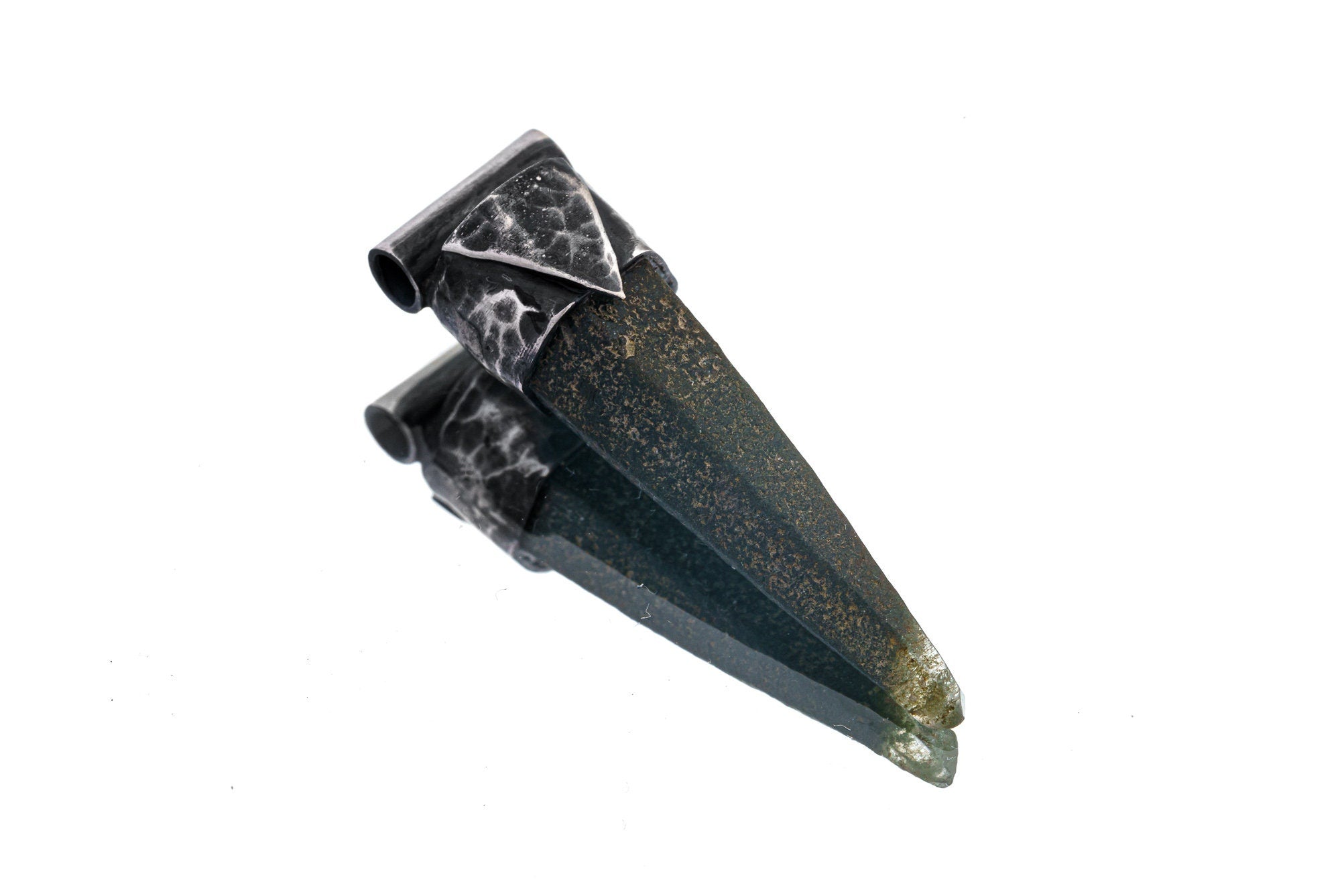 Nepal Chlorite Rutile Phantom Quartz Stack Pendant shown on white background with water-clear crystal point and textured silver cap.