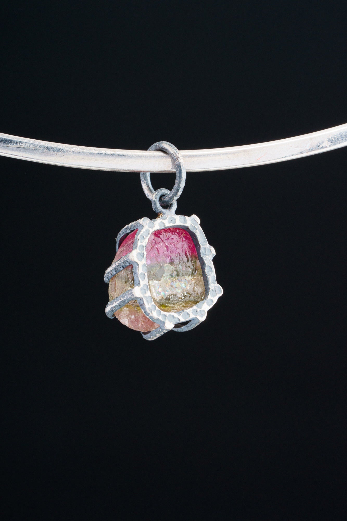 Raw Gem Watermelon Tourmaline Chunk- Oxidised Sterling Silver - Strong Claw Wire Setting - Hammer Textured - Pendant Crystal Necklace
