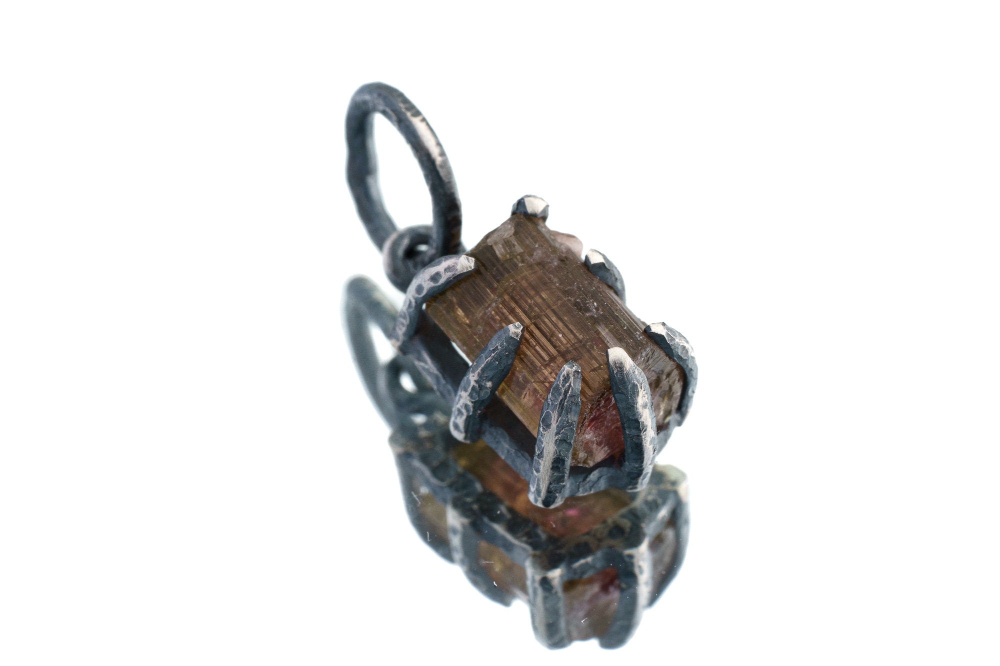 Olive Watermelon Tourmaline Slice - Oxidised Sterling Silver - Strong Claw Wire Setting - Hammer Textured - Pendant Crystal Necklace