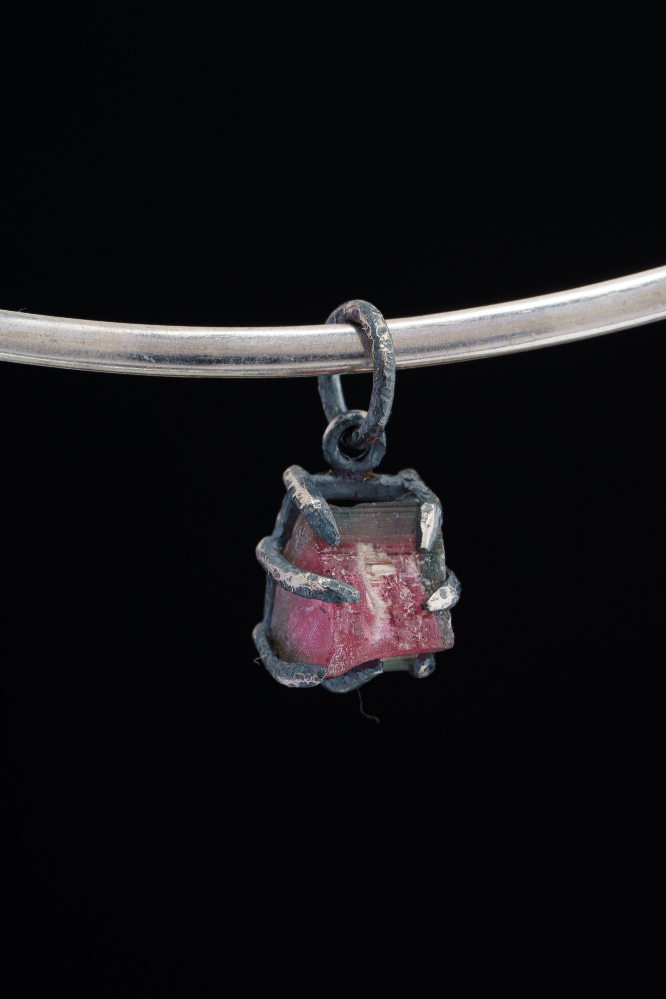 Watermelon Tourmaline Claw Pendant 925 Sterling Silver Oxidized Necklace Heart Chakra Capricorn Gift