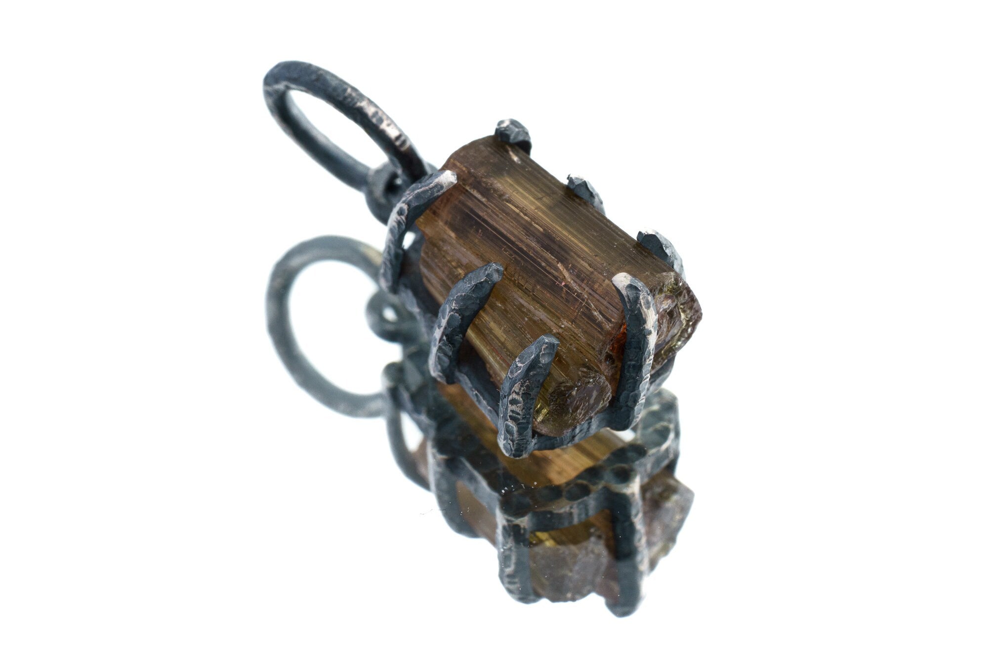 Tiny Olive Watermelon Tourmaline Slice - Oxidised Sterling Silver - Strong Claw Wire Setting - Hammer Textured - Pendant Crystal Necklace