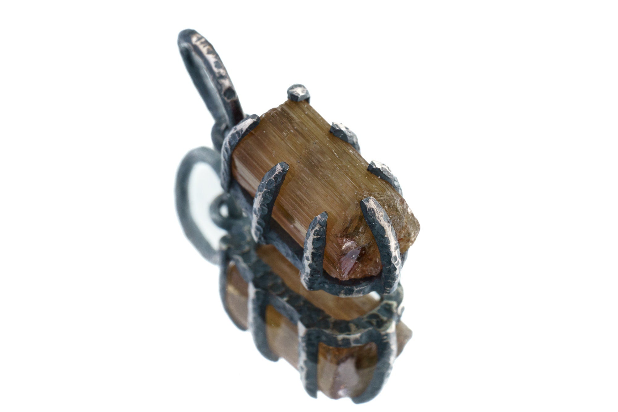 Olive Green Gem Tourmaline - Oxidised Sterling Silver - Strong Claw Wire Setting - Hammer Textured - Pendant Crystal Necklace