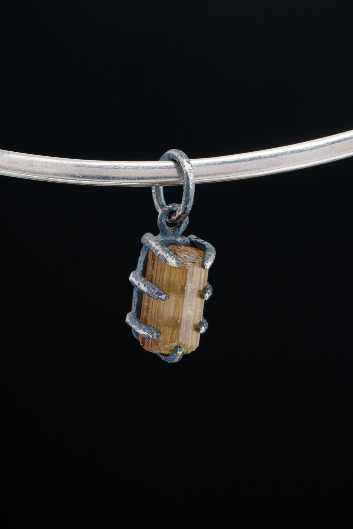 Olive Green Gem Tourmaline - Oxidised Sterling Silver - Strong Claw Wire Setting - Hammer Textured - Pendant Crystal Necklace