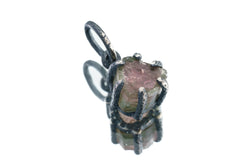 Petite Raw Watermelon Tourmaline Stick - Oxidised Sterling Silver - Strong Claw Wire Setting - Hammer Textured - Pendant Crystal Necklace