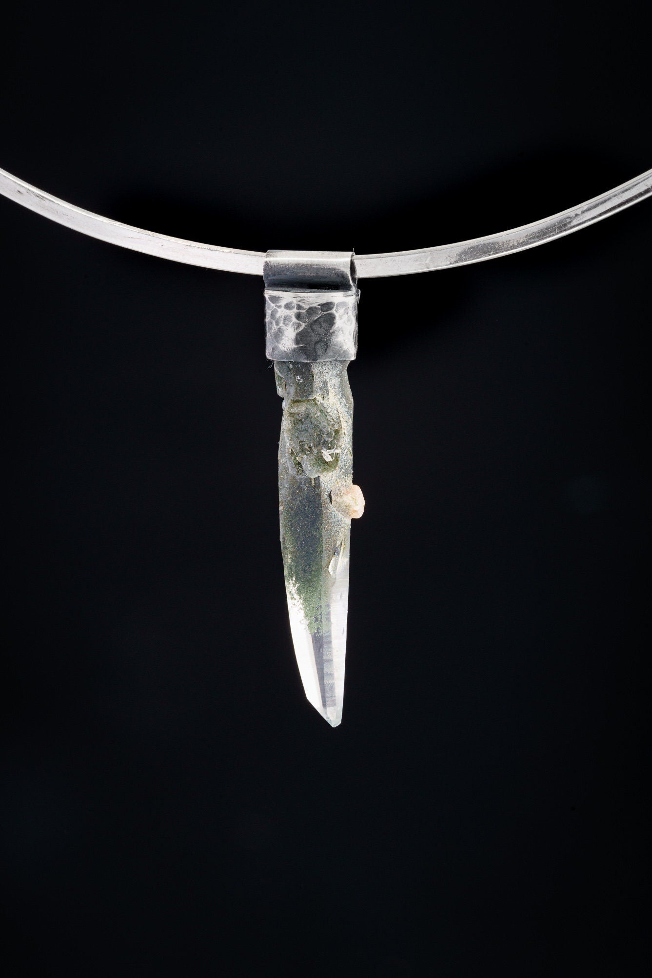 Nepalese Chlorite Quartz Point Pendant: Oxidized Sterling Silver Crystal Stack
