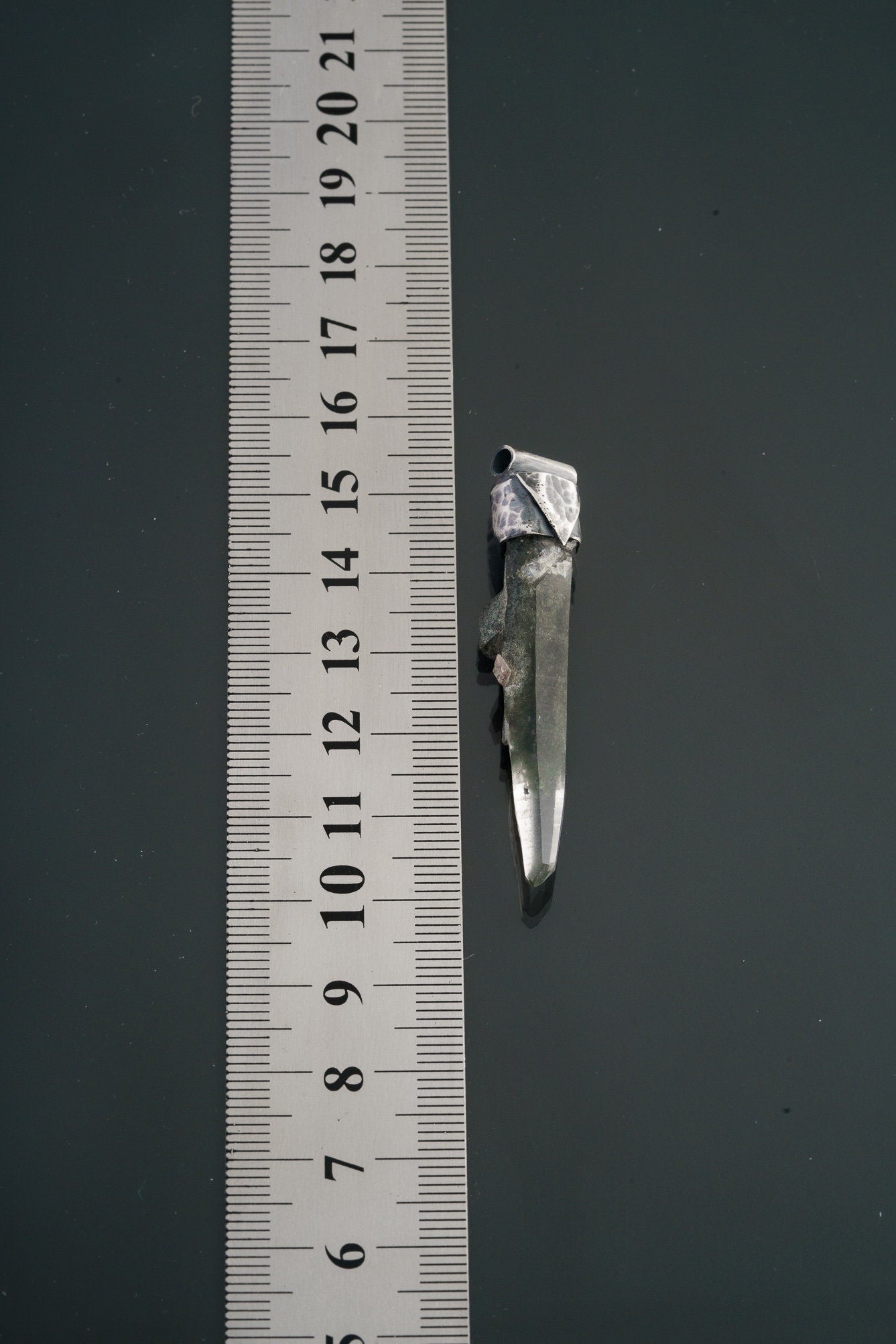 Nepalese Chlorite Quartz Point Pendant: Oxidized Sterling Silver Crystal Stack